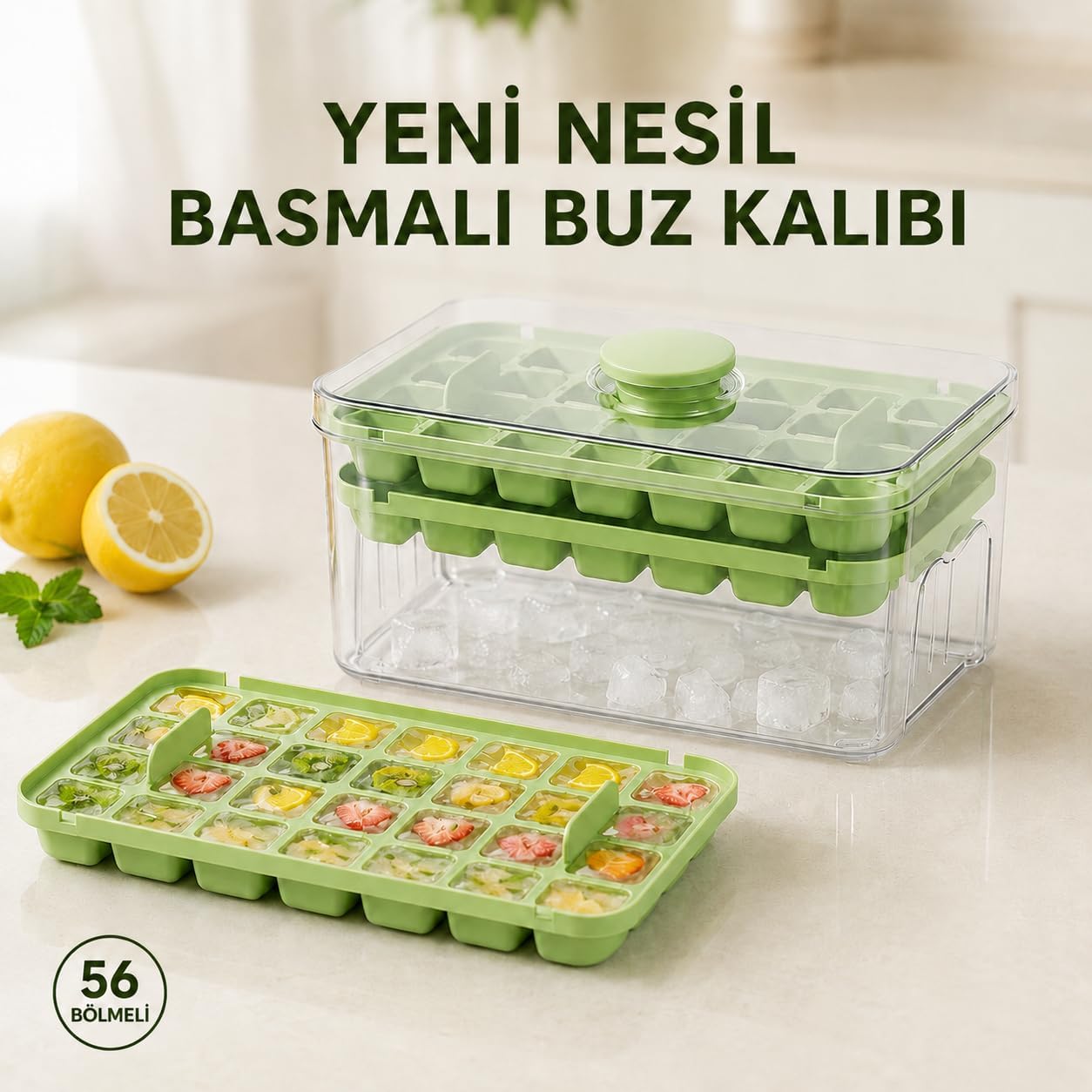 Basmalı Çift Buz Kalıbı, 56 Bölmeli Kapaklı Buzluk ve Saklama Kutusu, Pratik Buz Çıkarma Mekanizmalı Buz Tepsisi, 12 × 19 cm