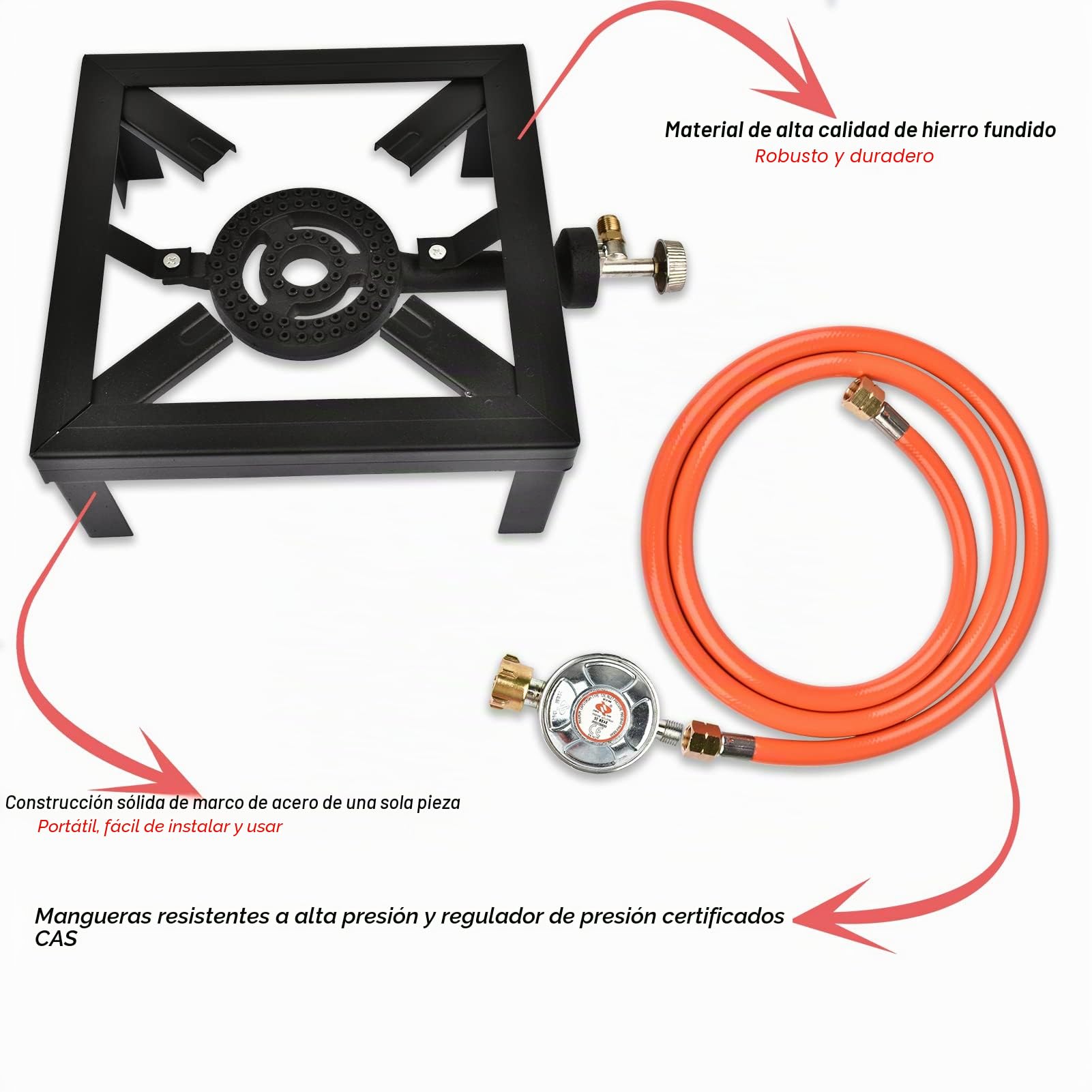 Hornillo de gas portátil para camping, 4 patas, 6 kW, incluye manguera de 1,5 m y reductor de presión de 50 bares para exteriores, camping