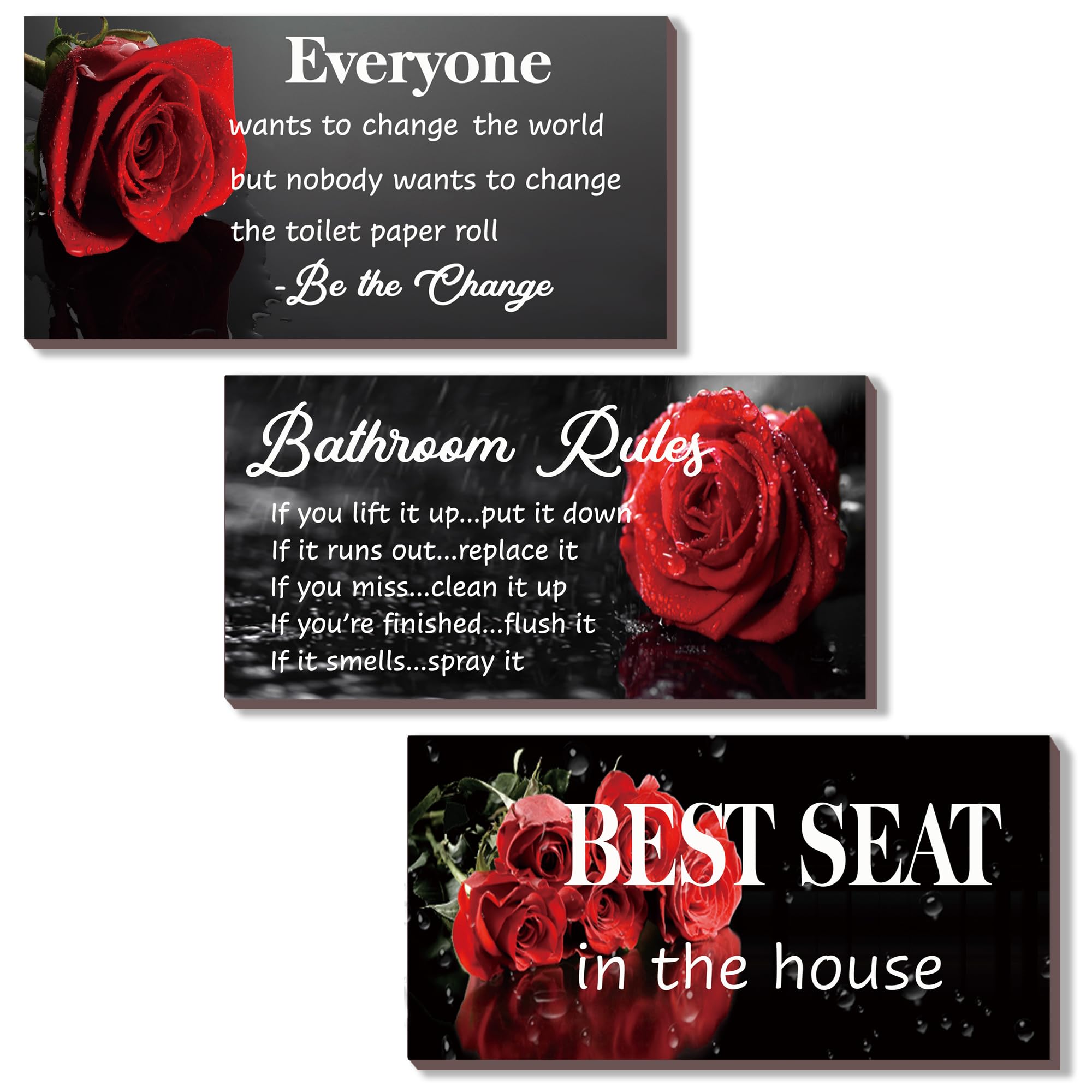 3 Pcs Red Bathroom Rules Decor Rustic Farmhouse Wooden Best Seat in The House Rose Hanging Wall Art Toilet Bathroom Accessories(Red 10x5")
