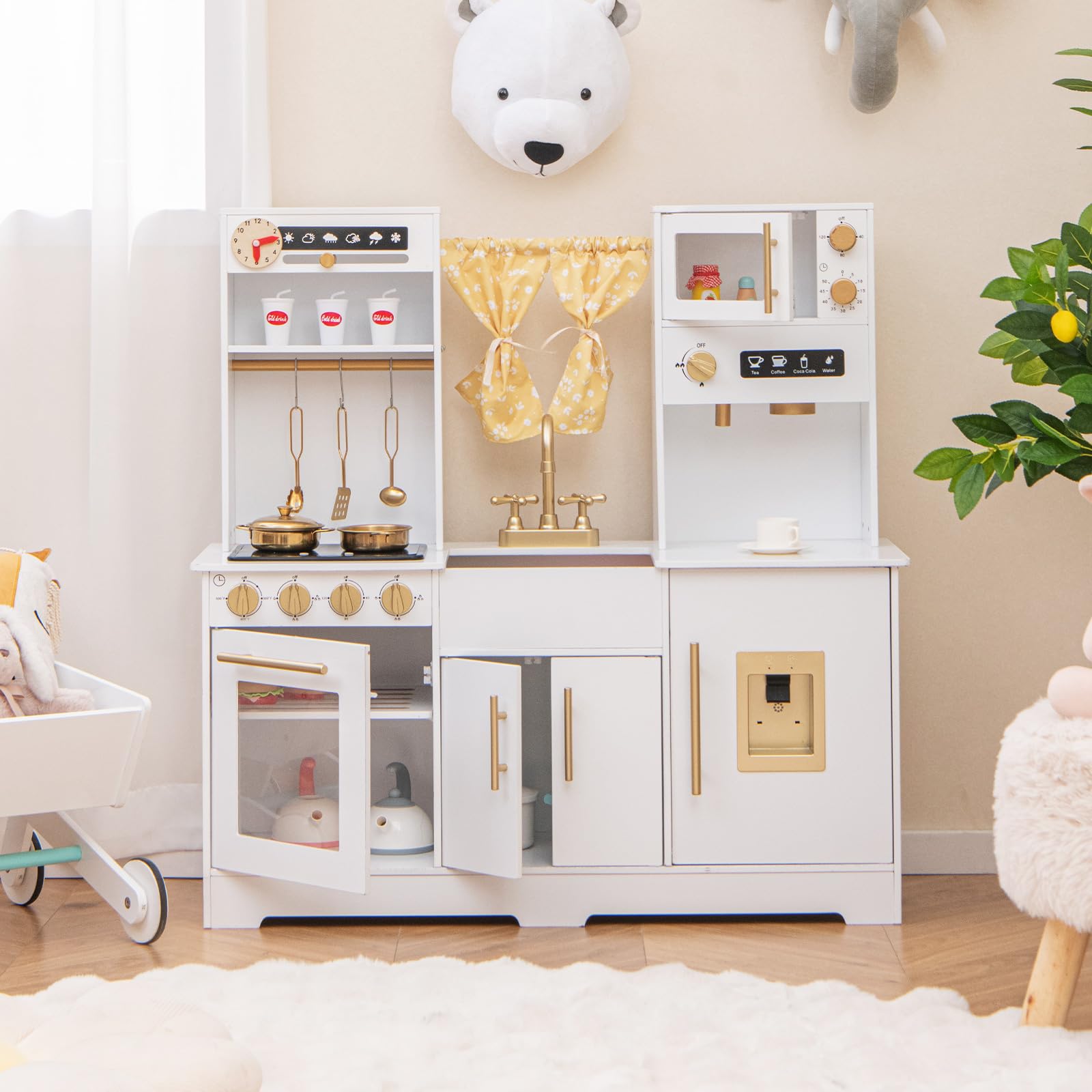 COSTWAY Kinderküche aus Holz, Spielküche mit Licht und Sound, Kinder Küche mit Spüle, Wasserhahn, Herd, Wasserspender, Mikrowelle, Spielzeugküche mit Zubehör für Kinder ab 3 Jahren (Weiß)
