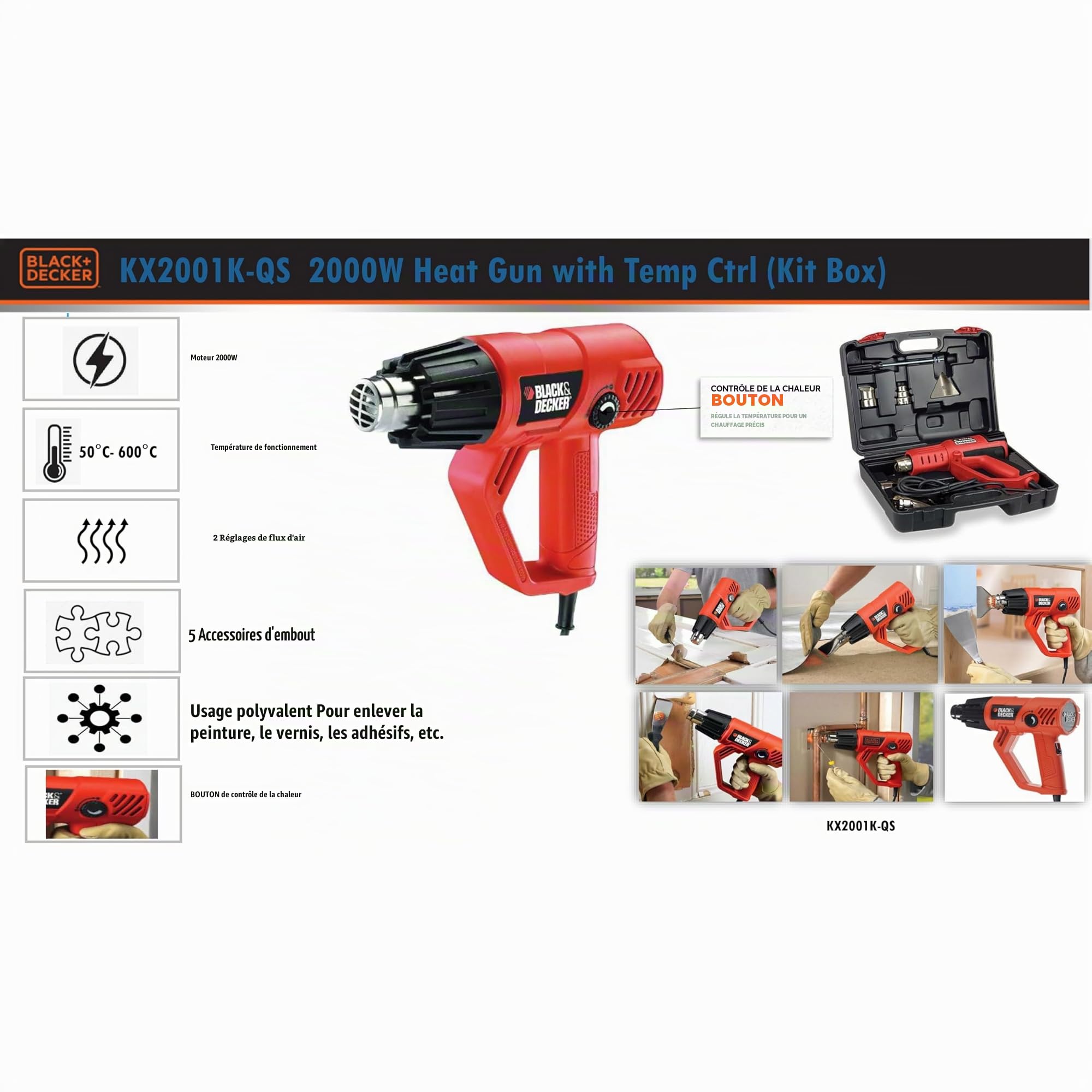 BLACK+DECKER KX2001K-QS Décapeur thermique filaire - 8 accessoires - Livré en coffret 2000W, 230V, 2000W