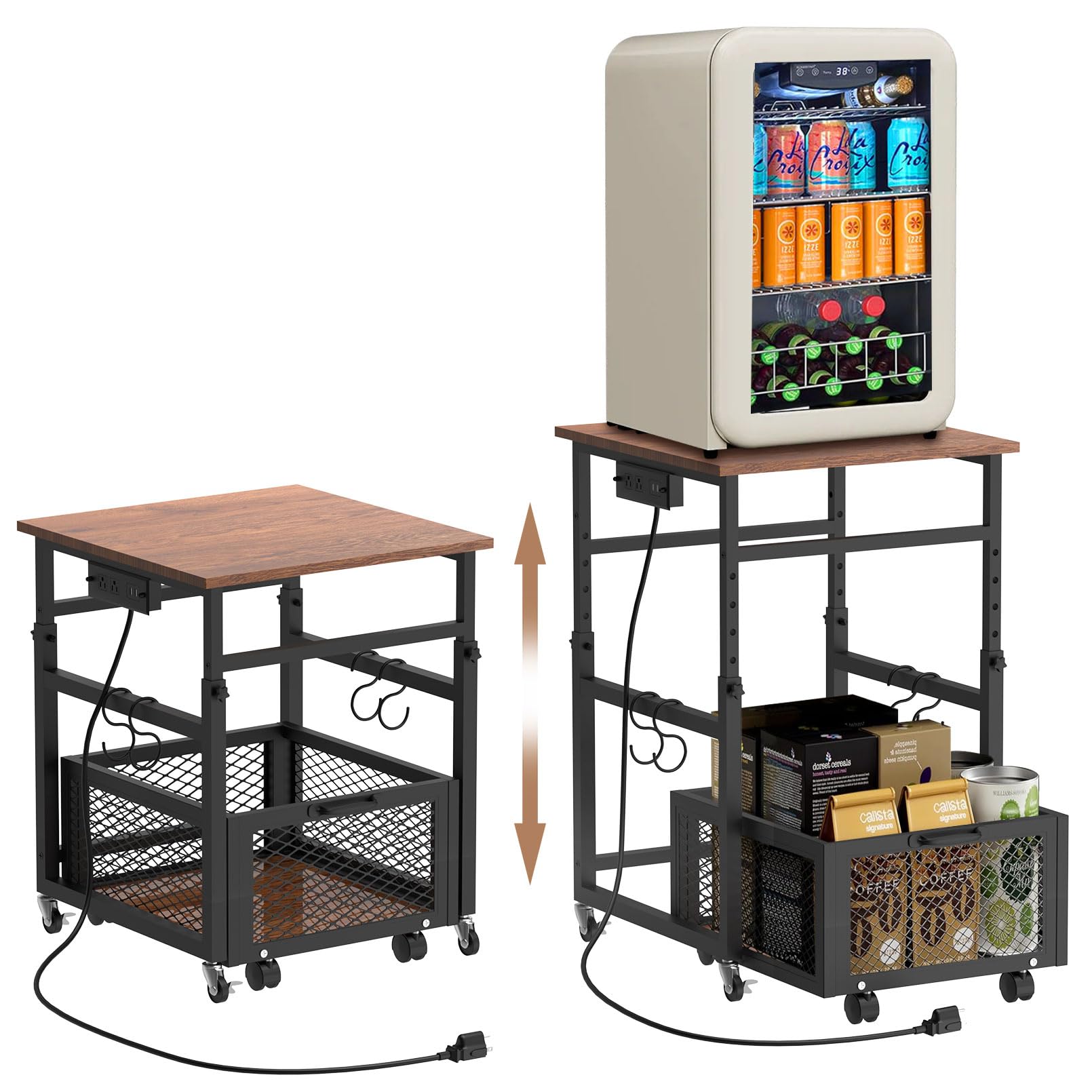 Mini Fridge Stand with Storage, Height Adjustable Small Refrigerator Stand with Wheels, Charging Station, Sturdy End Table for Microwave Oven Printer,