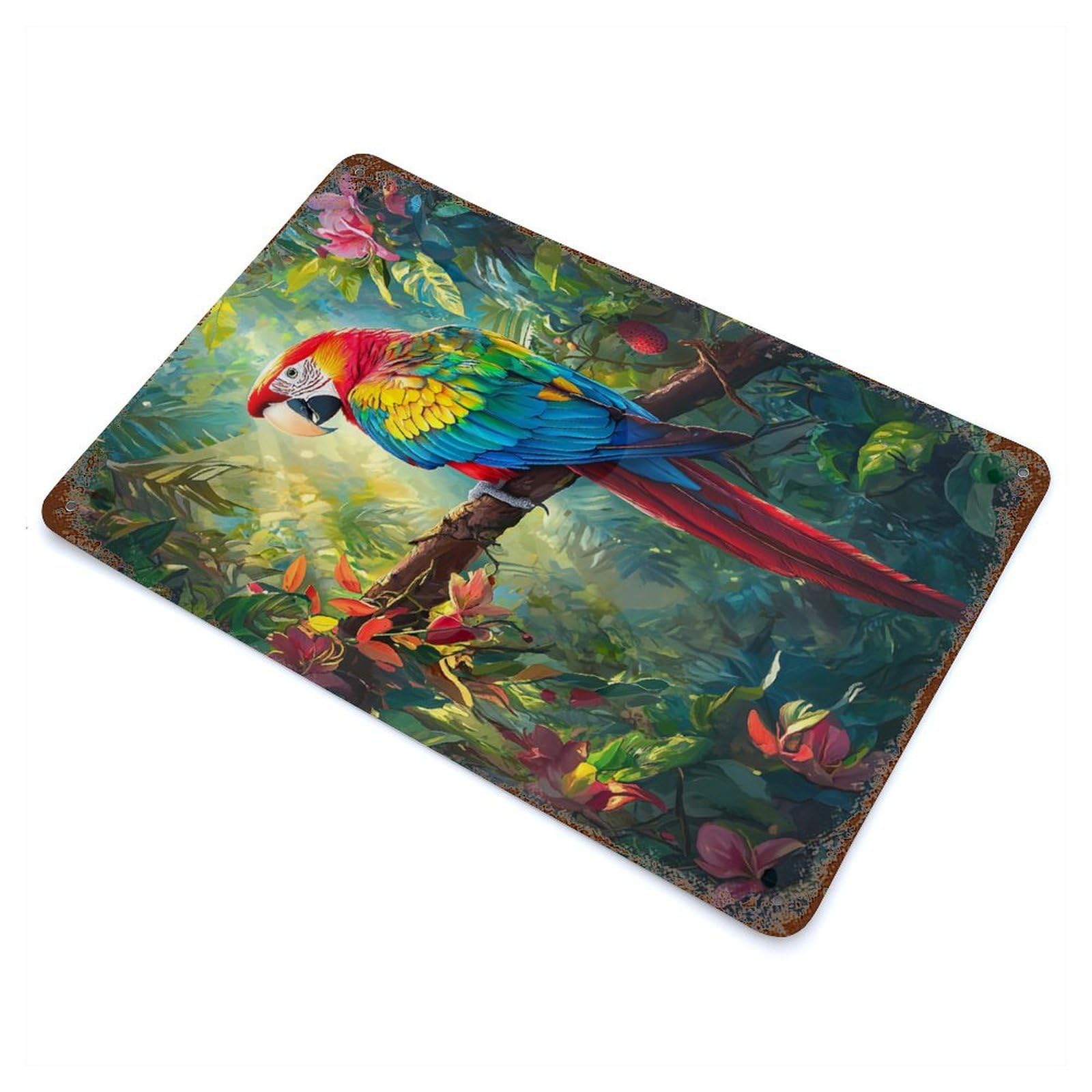 Vintage Metal Tin Sign with Scarlet Macaw in Jungle Design 11.8"x7.9", for Garage, Bar And Workshop Decor, Novelty Wall Decor