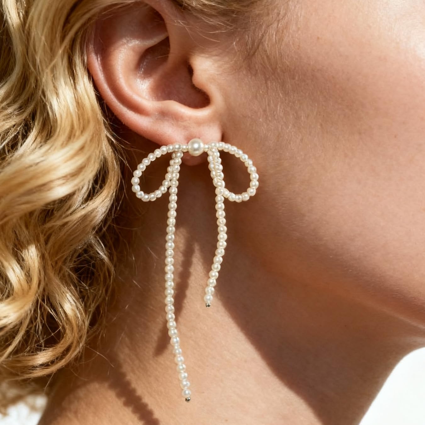 Bow Earrings for Women, Long Tassel Chain Drop Earrings, Trendy Small Bow Earrings, Ribbon Waterfall Dangling Earring, Pearl Earrings Long Dangle Hoop - Image 5