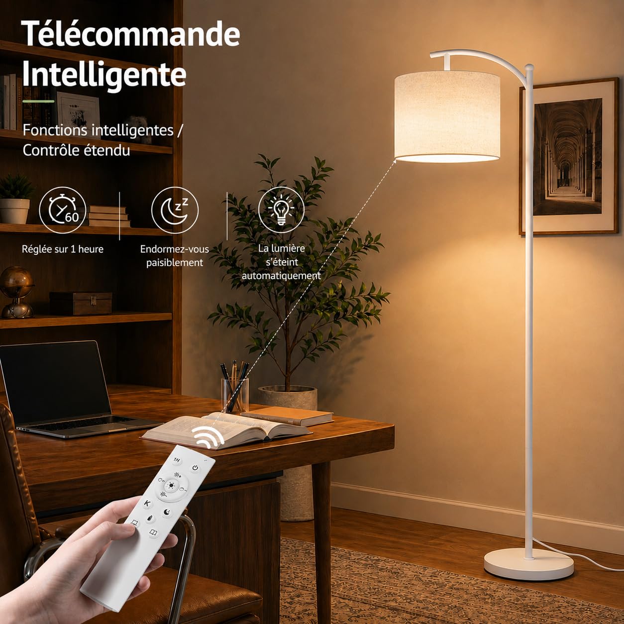 Torkase Lampadaire sur Pied LED Blanc à Arc avec Abat-Jour Tissu