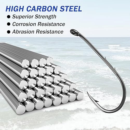 Miniatura 6 de Dr.Fish Paquete de 100 anzuelos de pesca con soporte de cebo, gancho de cebo vivo, acero de alto carbono, negro, níquel, hacia abajo, ojo torneado,