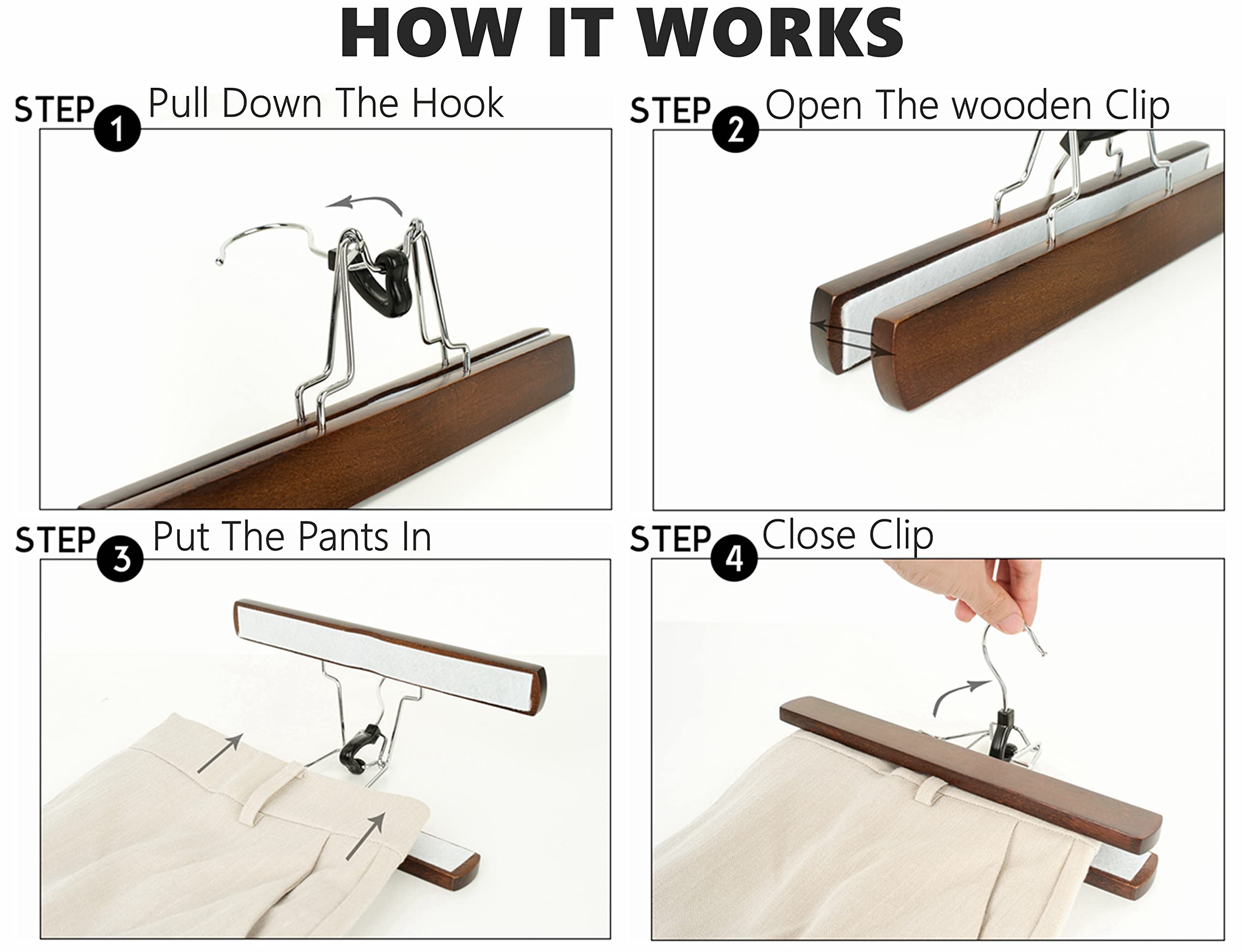 Amber Home Perchas de madera para pantalones, 10 unidades, perchas para faldas con terciopelo acolchado antideslizante, acabado suave, perchas de madera maciza, perchas de sujeción en color antiguo