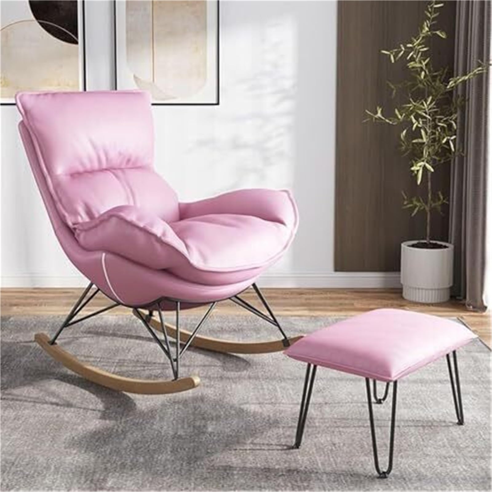 Pojedynczy Fotel Rozkładany Fotel Rozkładany Fotel Bujany Z Otomaną, Tapicerowany Fotel Wypoczynkowy Do Salonu, Drewniana Podstawa Na Balkon, Relaks(Pink)