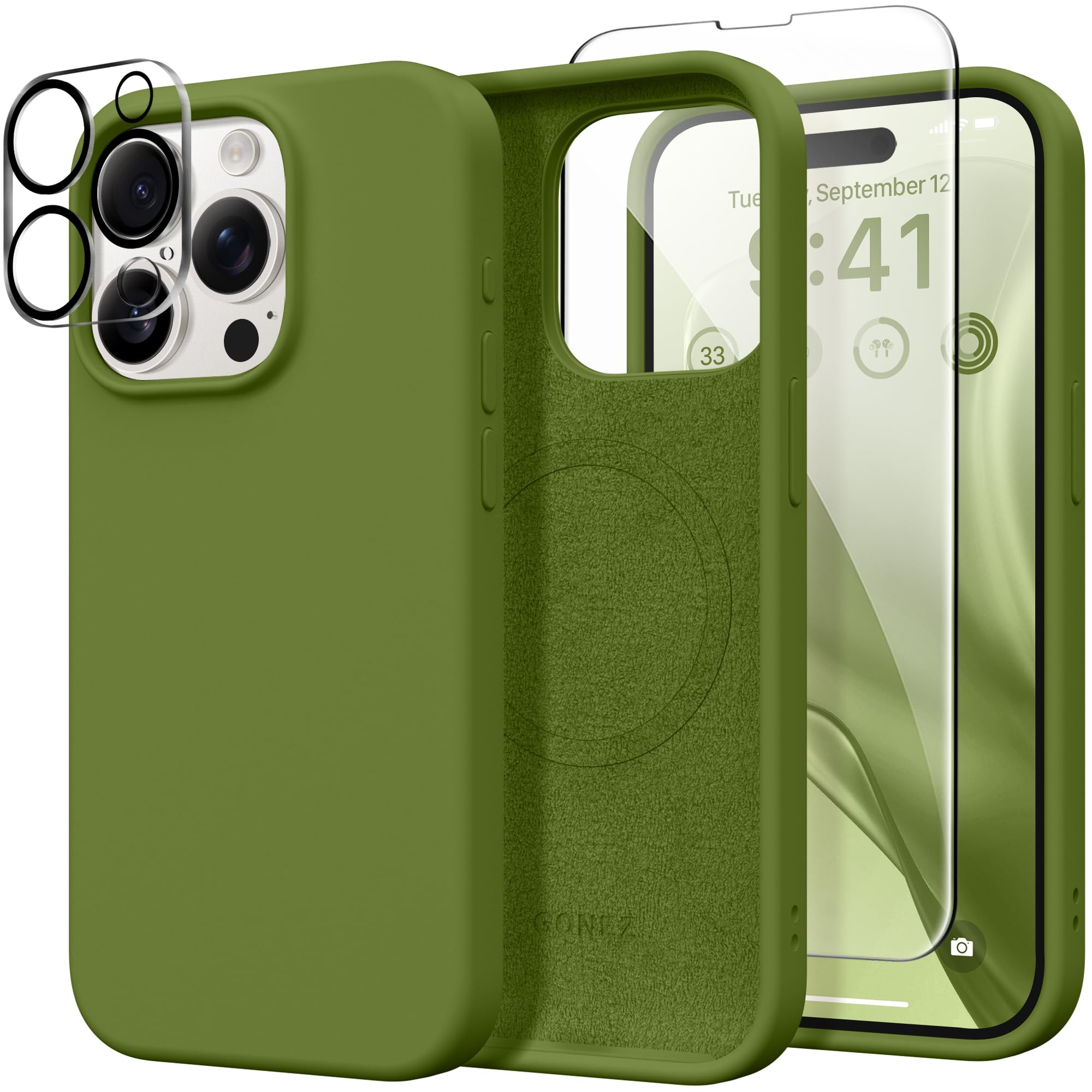GONEZ for iPhone 15 Pro Case Compatible with Magsafe, [2X Screen Protector + 2X Camera Lens Protector], Soft Silicone Shockproof Anti-Scratch Full Body Protective Phone Case 6.1" 2023, Cedar Green