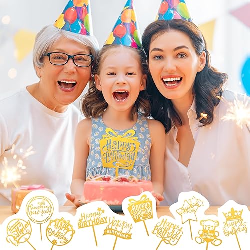 Miniatura 3 de 150 adornos acrílicos para tartas de cumpleaños, decoración de pastel de cumpleaños con purpurina de doble cara para adultos, varios suministros de