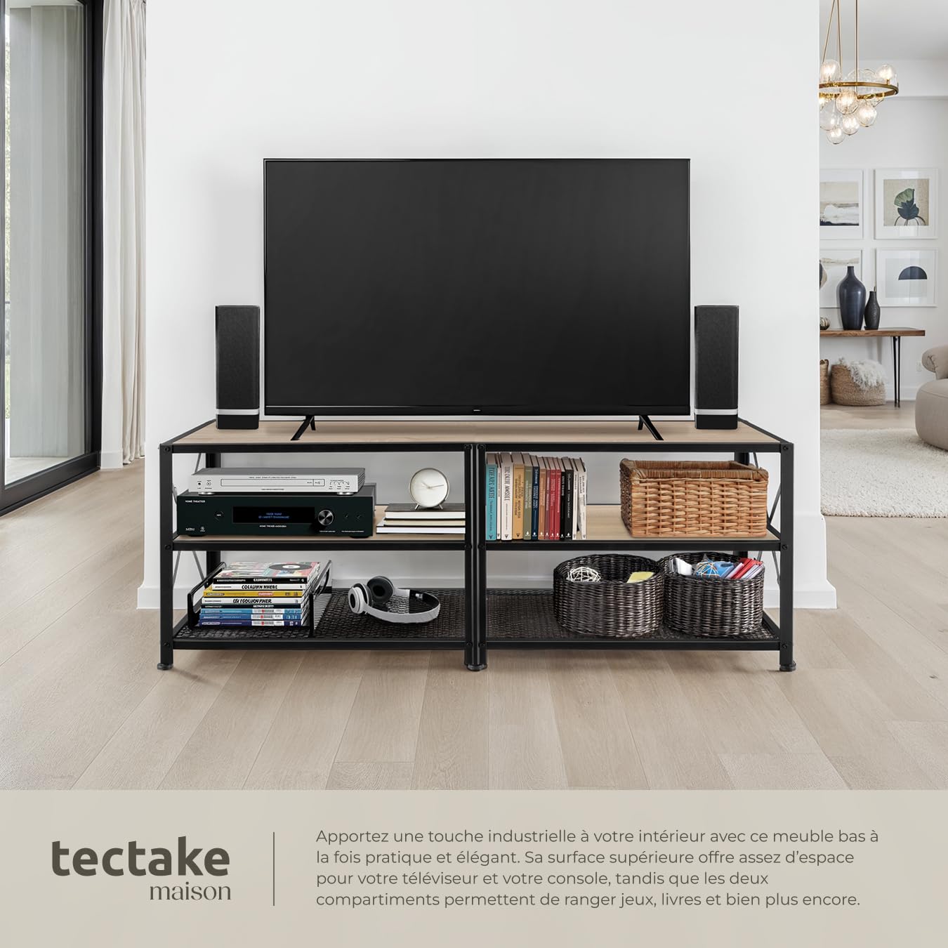 tectake® Meuble TV 141 x 41,5 x 50,5 cm, Banc TV Salon Chambre, Meuble Rangement Television, Style Industriel, 3 Niveaux Ouverts et Fond grillagé, Meubles de Salon pour télévision, Bois Clair