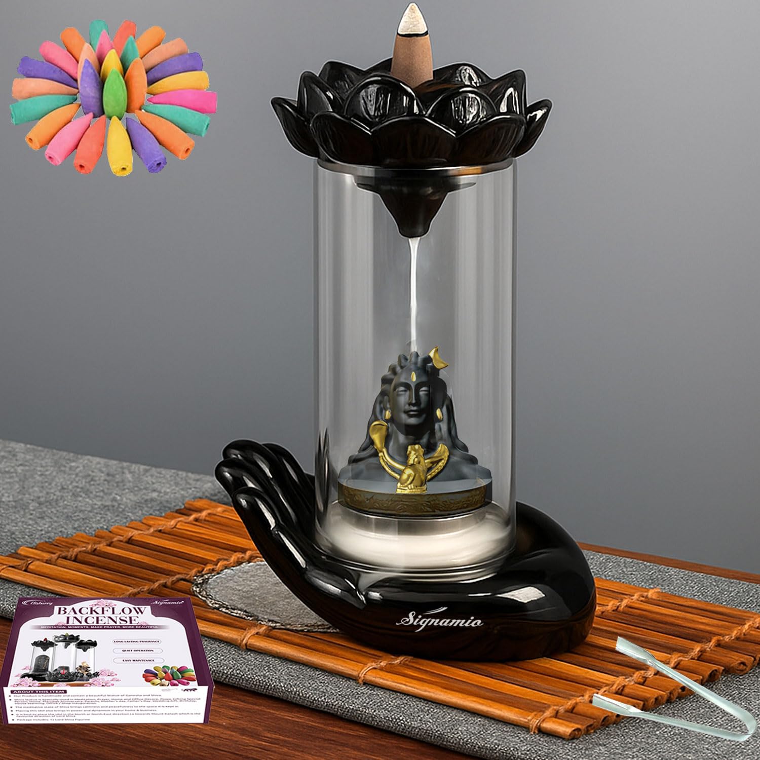 SIGNAMIO Essence of Lord Shiva Shivling Adiyogi Ceramic Smoke backflow Incense Holder Burner Aromatic Fountain with shivji Statue murti Idol 30 Incense Cones,for Home Decor Trilogy Meditation Pooja