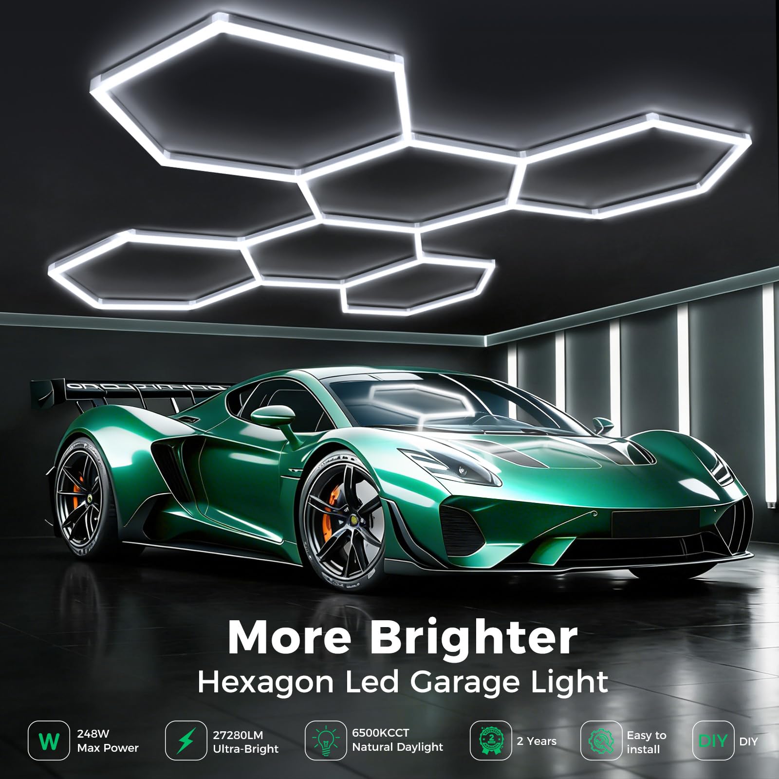 Éclairage de garage hexagonal 6 hexagone, 248 W, | 27280 lm 6500 K pour garage, atelier, salle de sport, sous-sol, salon de detailing automobile, centre d'entretien automobile