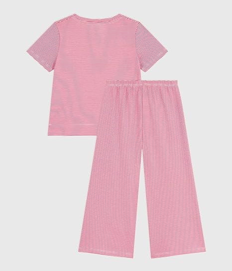 Pyjama Fille Petit Bateau - Côte 1x1 Rayures Milleraies Rouge - Pantalon Large Et Confortable