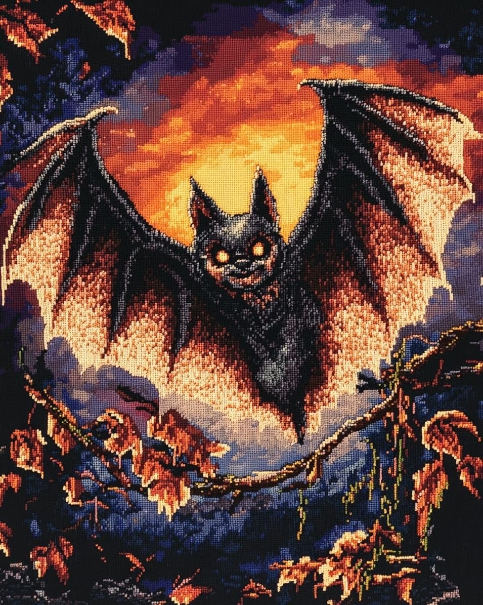 WallustrioaW Cross Stitch Stamped Kits,Bats,Pre-Printed Cross-Stitching Starter Pattern for Beginners Adults,11CT Embroidery Needlepoint Kits,40x50cm