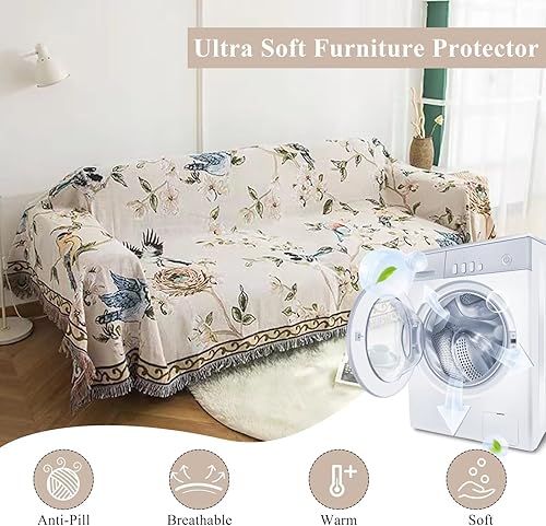 VClife Fundas de sofá con estampado beige de poliéster y jacquard, estilo vintage, diseño floral de pájaros, funda de sofá para perros y gatos,