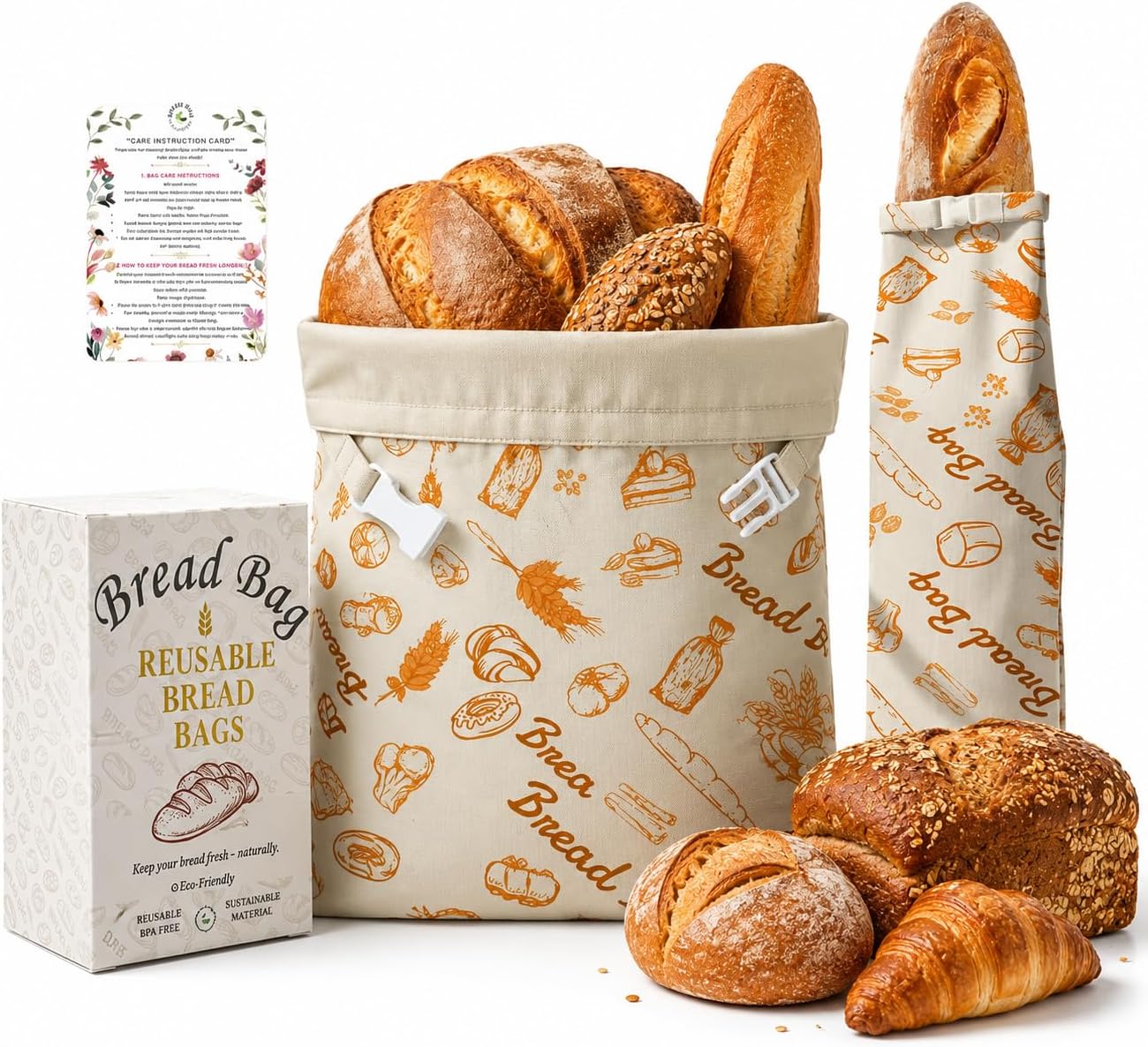 2 Pack Sourdough Bread Bags XL(24'' x 5'' & 17'' x 12''), Freezer Safe Beeswax Bread Bag with Zipper & Buckle Closure, 100% Cotton Reusable Bread Bags For Homemade Bread Sourdough