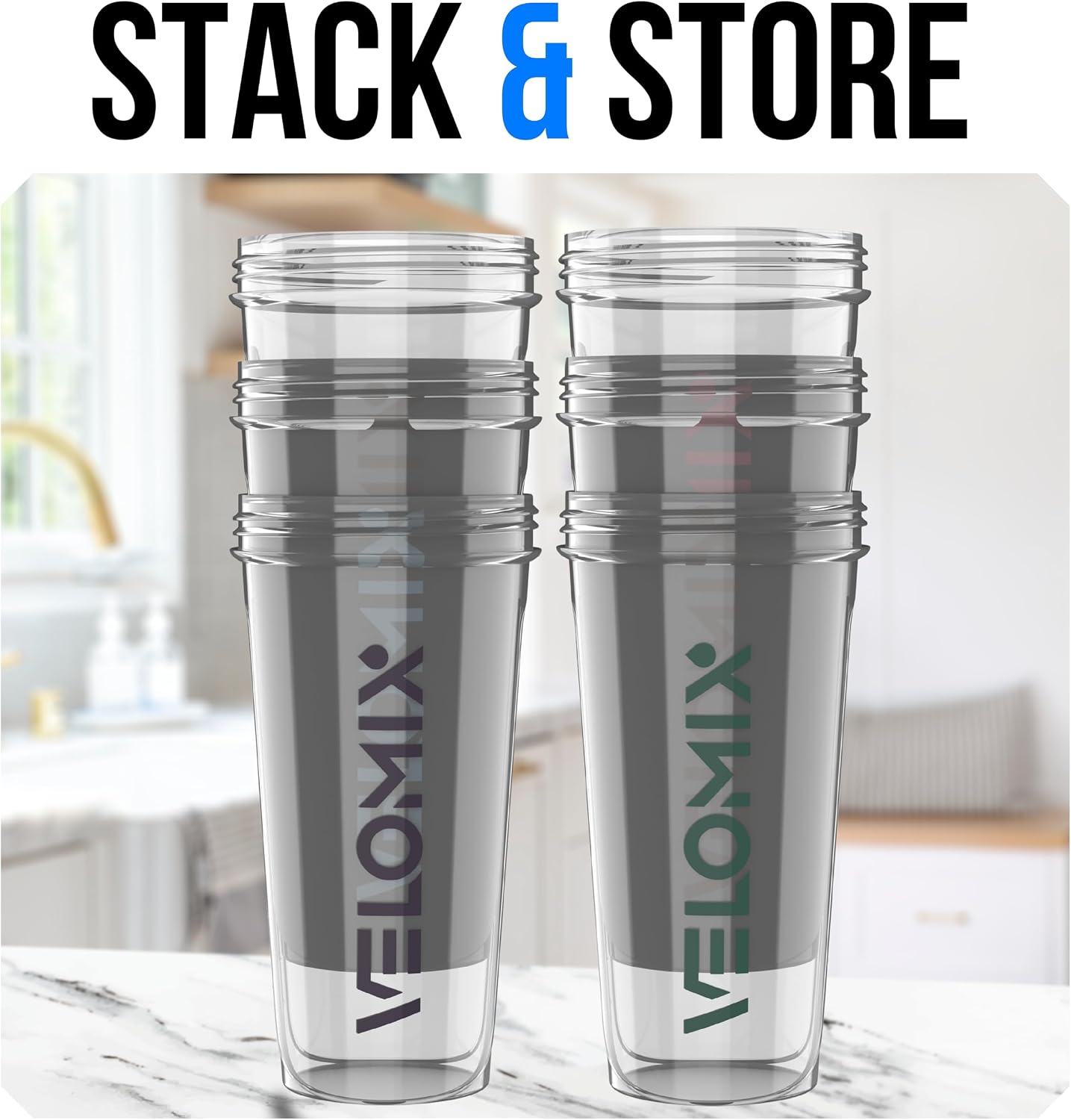 VELOMIX -6 PACK- 28 oz Protein Shaker Bottle for Protein Mixes - 6x Wire Whisk | Leak Proof Shaker Cups for Protein Shakes | Protein Shaker Bottle Pack | Protein Shake Cup (Muted Clarity)