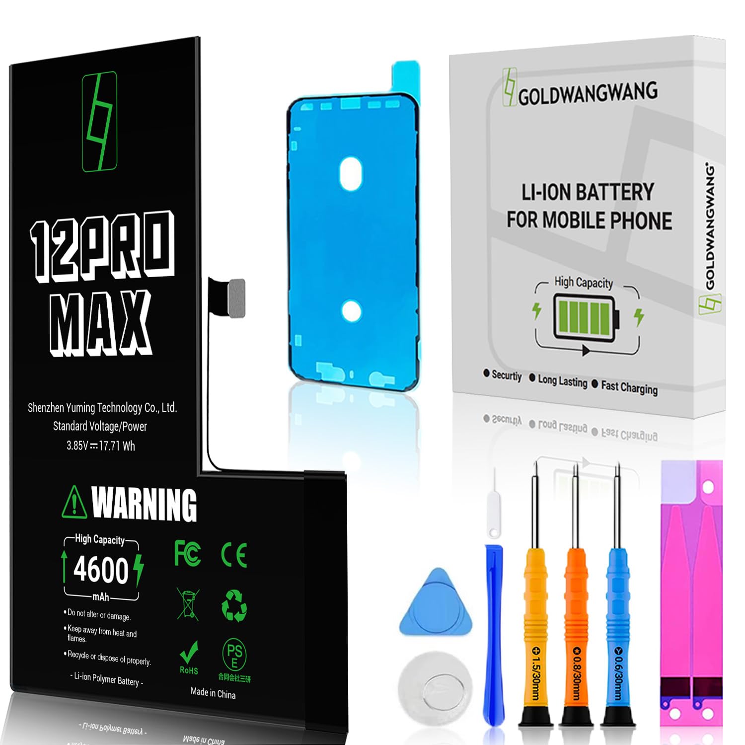 Batteria per iPhone 12 Pro Max, 4600mAh Alta Capacità, Compatibile con A2411 A2412 A2342, 0 Cicli, Kit di Riparazione Completo, Certificato CE/RoHS/FCC