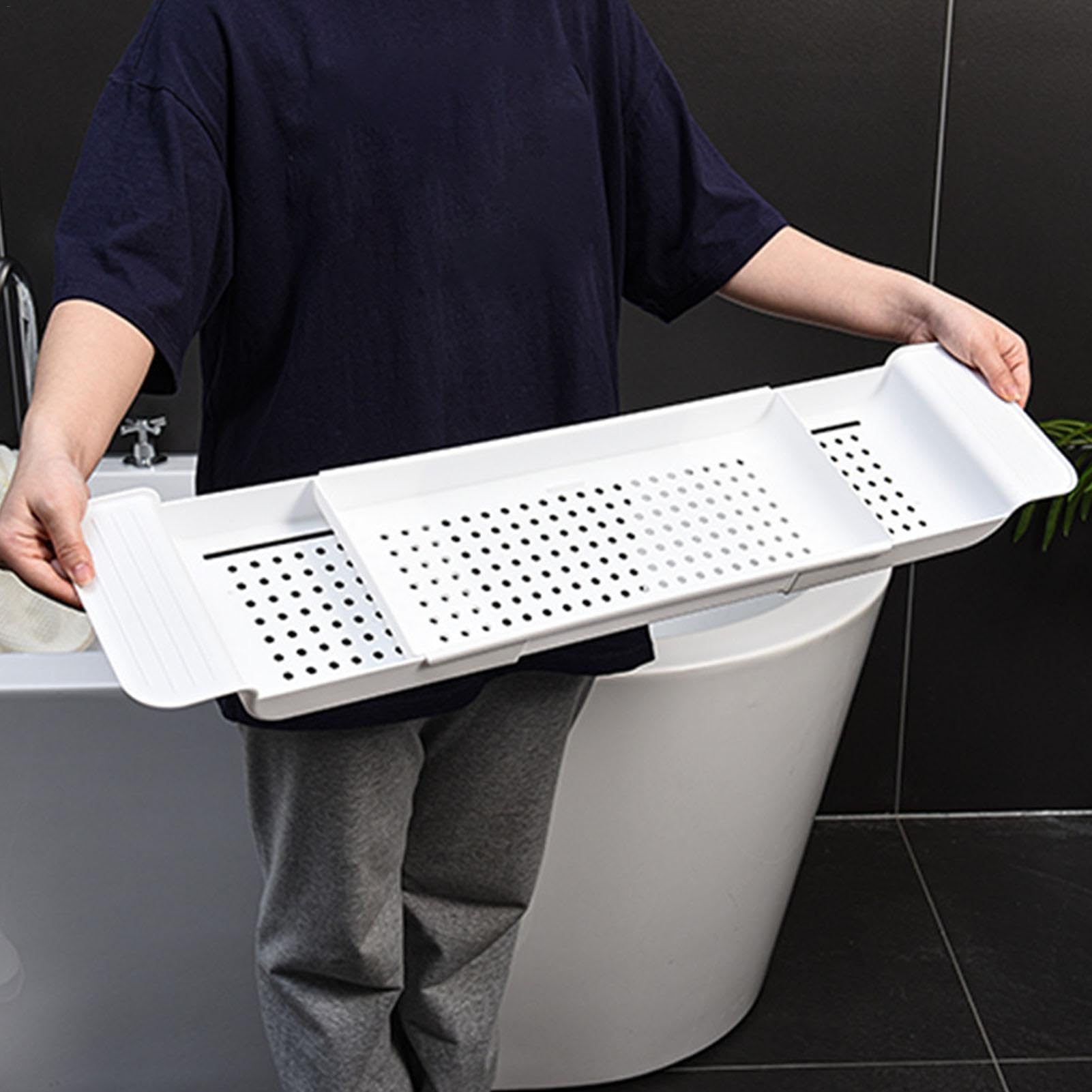 Generic 1 bandeja de baño de plástico de 55 a 78 cm, organizador de bañera ajustable, bandeja de almacenamiento sobre la bañera, bandeja de bañera, estante de baño blanco/negro para vino, taza,