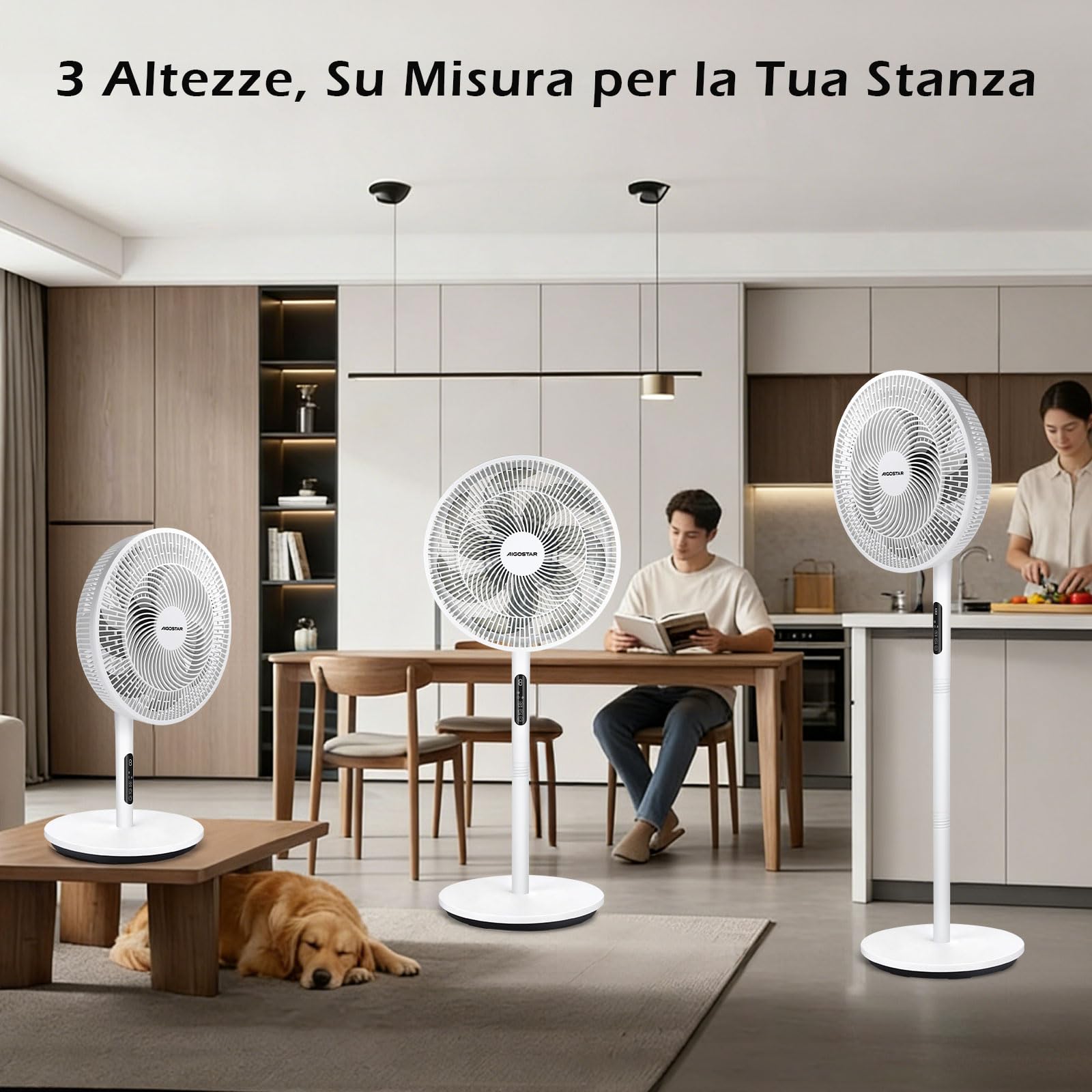 Aigostar Ventilatore a Piantana Silenzioso con Motore DC, 30dB, 9 Velocità e 3 Altezze Regolabili, Telecomando, Timer 9H, 7 Pale Aerodinamiche, Ideale per Camera da Letto e Ufficio, 30W, Bianco