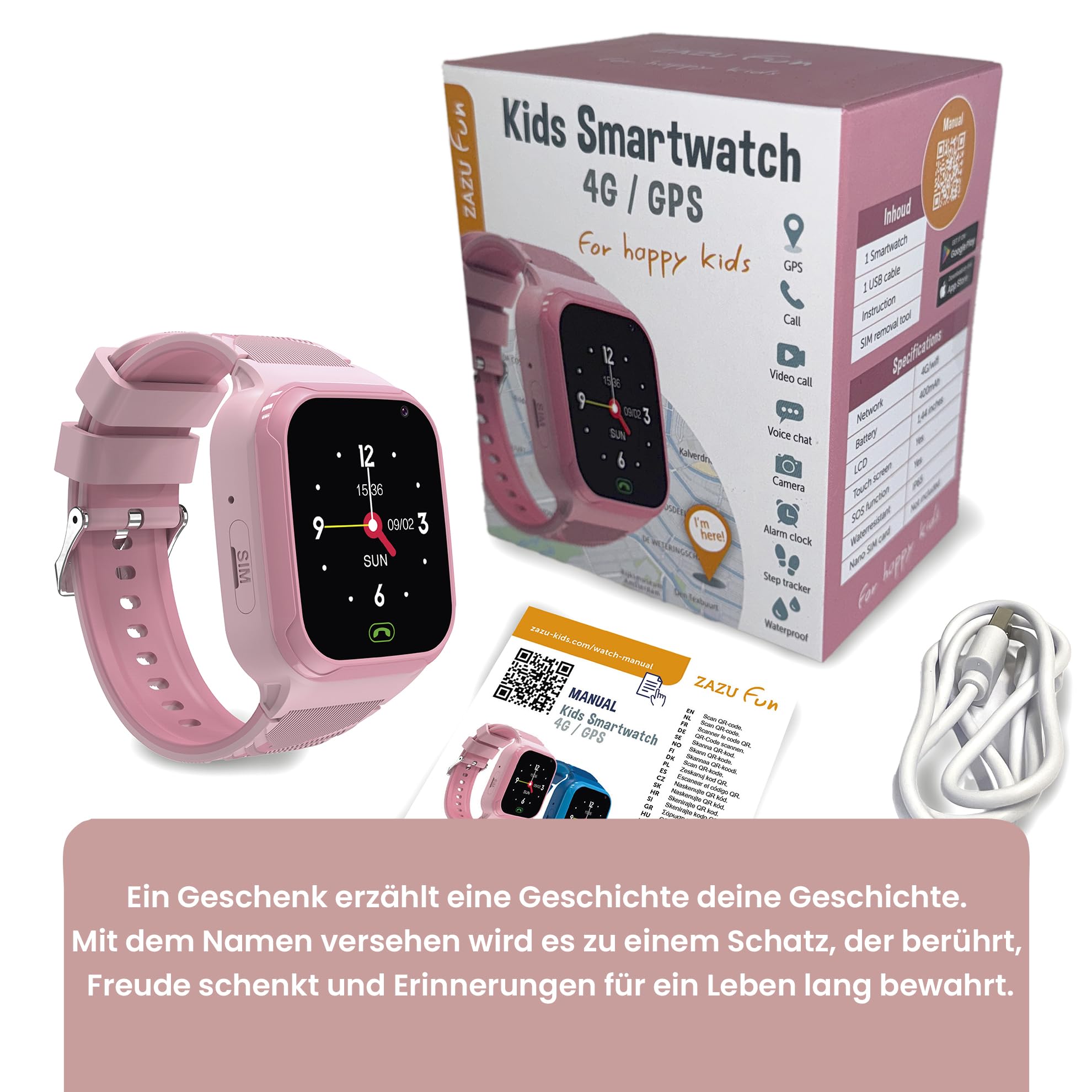 Reloj Inteligente para niños Rosa – con localización GPS, Llamadas y videollamadas, cámara y podómetro – Regalo para niños a Partir de 5 años – Reloj Educativo Infantil – Zazu