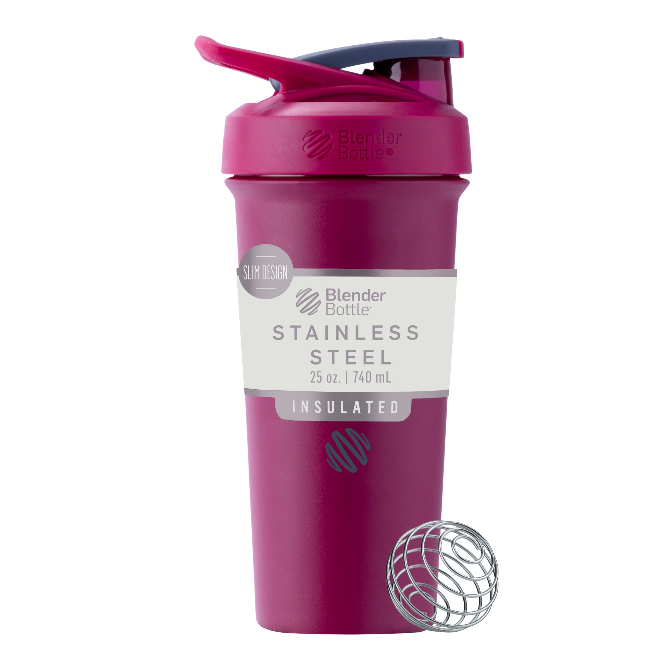 BlenderBottle Strada Sleek Shaker Cup Insulated Stainless Steel Water Bottle with Wire Whisk, 740ml, Raspberry