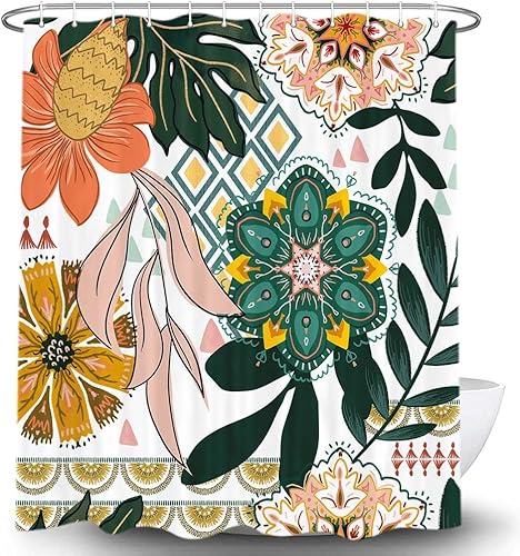 Miniatura 4 de Cortina de ducha floral bohemia, abstracta de mediados de siglo, decoración bohemia, cortinas de baño, flores botánicas, hojas tropicales, tela