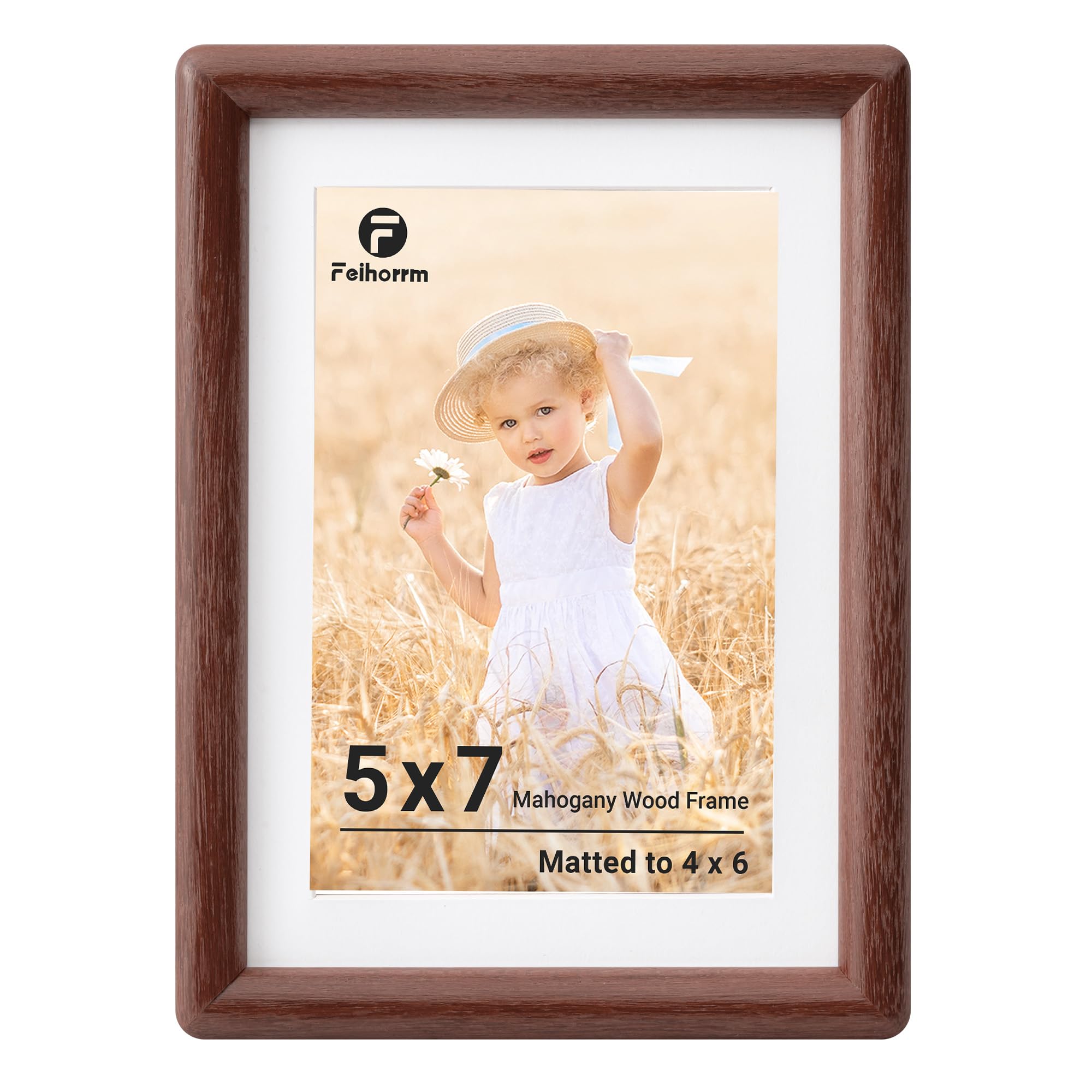 Feihorrm 7x5 Photo Frames, Mahogany Solid Wood Picture Frame, 5x7 Picture Frame, 5x7 Frame Matted to 4x6 Photos, Handcrafted Rounded Corners with HD Tempered Glass, Tabletop & Wall Mount Display