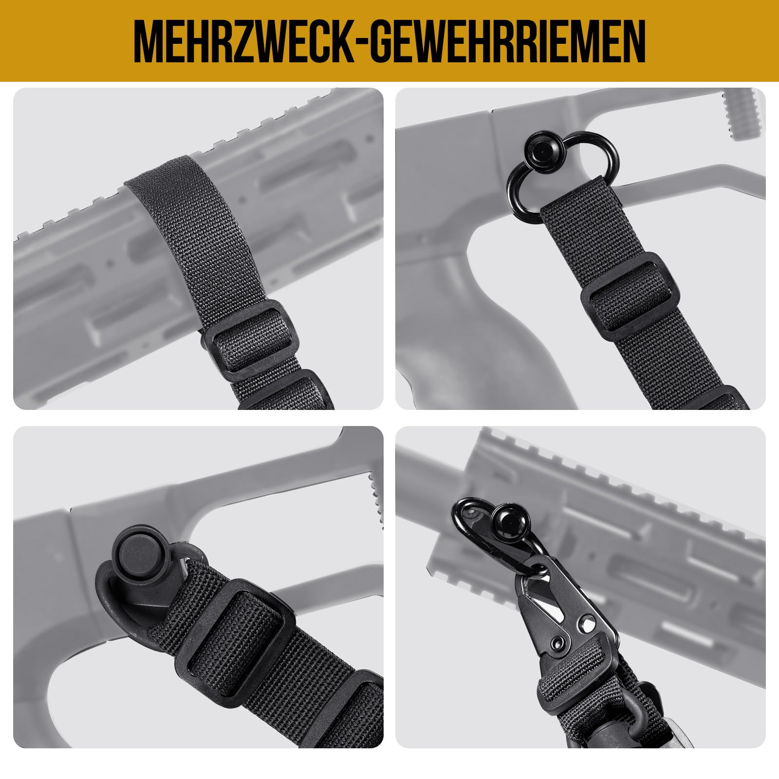 OneTigris 2-punktowy pasek na karabin, szerokość 2,5 cm z wymiennymi karabińczykami w stylu HK, regulowana długość od 56 do 70 cali, czarny
