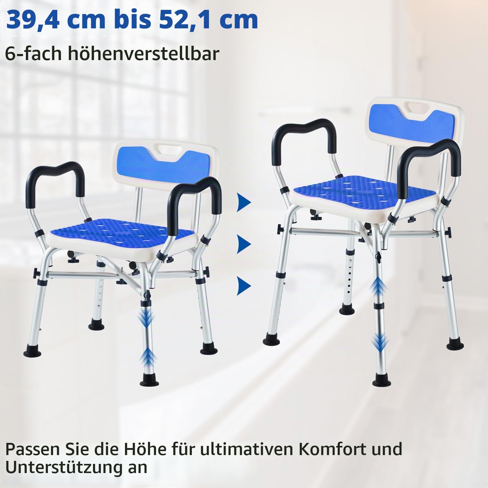 Duschstuhl für Senioren, Duschsitz, Duschstuhl mit Armlehnen und Rückenlehne,Badestuhl für Senioren mit 6-stufiger Höhenverstellbar, Traglast 180 kg Blau