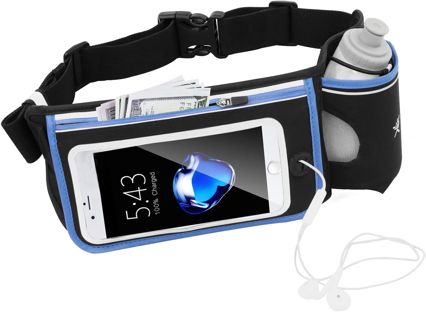 No Bounce Reflective Hydration Running Belt with BPA Water Bottles 280ml, Hydration Waist Pack, Sports Waist Bag Hiking Running Climbing, iPhone6, 6s Plus, Samsung GalaxyS6/5 Note 4/3/2 (Single Blue)