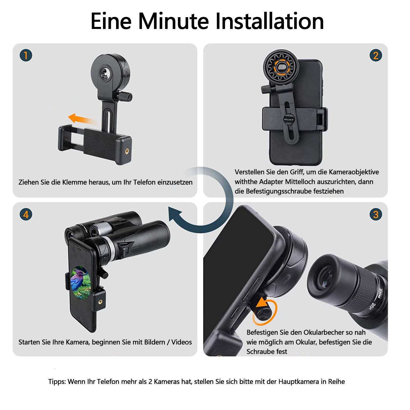 CAM2 Adattatore per telefono telescopico, cannocchiale, binocolo compatibile, monoculare, microscopio, telescopio, supporto per smartphone, installazione semplice, regolabile, clip regolabile per
