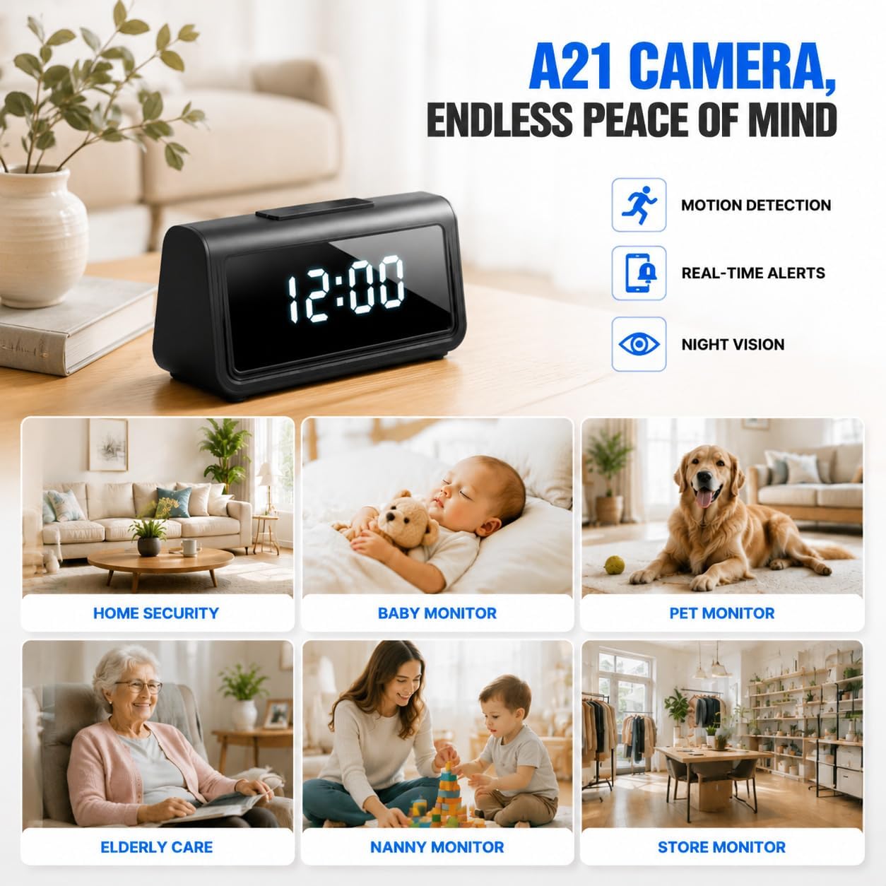 A21 4K Indoor Security Camera, Smart Clock Hidden Camera with 150° Wide Angle, 5G WiFi Remote Monitoring for Baby, Pet & Home Security, Motion Alerts, IR Night Vision, Local Storage up to 256GB
