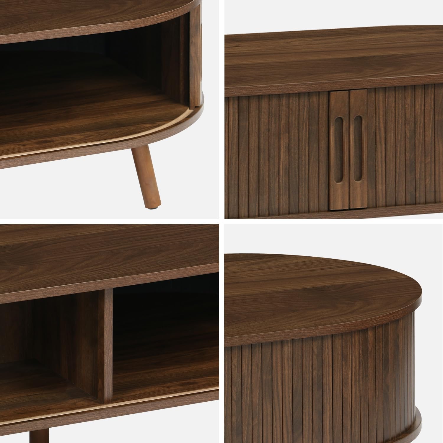 Alice's Garden sweeek - Table Basse 2 Portes coulissantes avec 3 Compartiments décor Bois rainuré Noyer. L 110 x P 59 x H 39cm