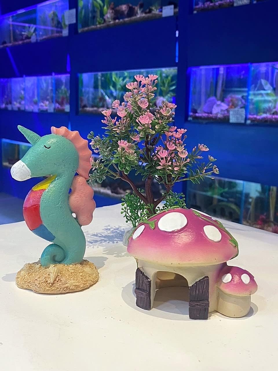 Pink Colourful Aquarium Ornaments Set Unicorn Seahorse, Toadstool