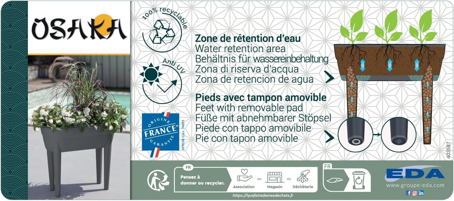 EDA - Jardinière Haute Osaka - 48 L - Zone Rétention d'eau - Pieds avec Bouchon Evacuation - Barre Métallique de Renfort - 77,1 x 37,6 x H. 68 cm - Gris Anthracite