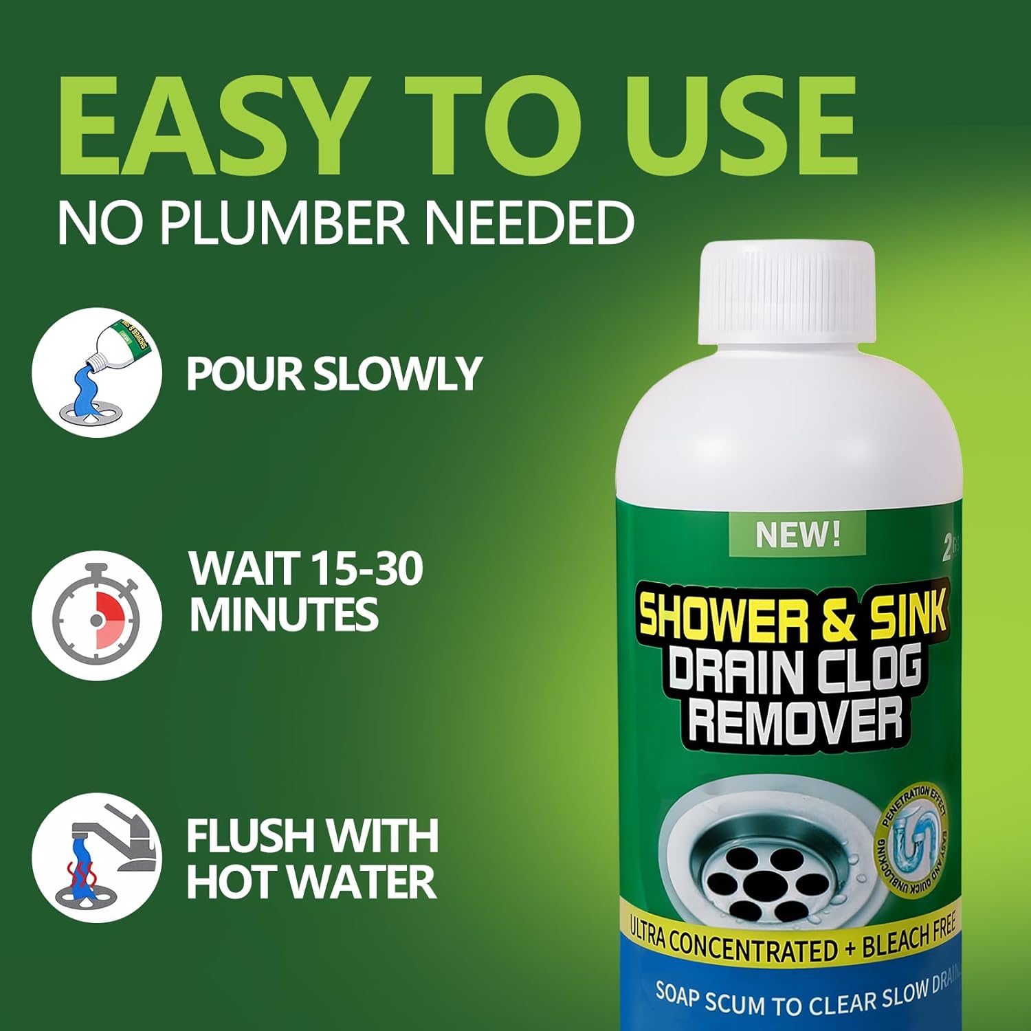 Drain Cleaner Clog Remover Liquid: Sink Kitchen Bathroom Shower Drain Cleaning Solution - Safe for Household Pipes Prevents Build-Up (2Pcs) - Image 7