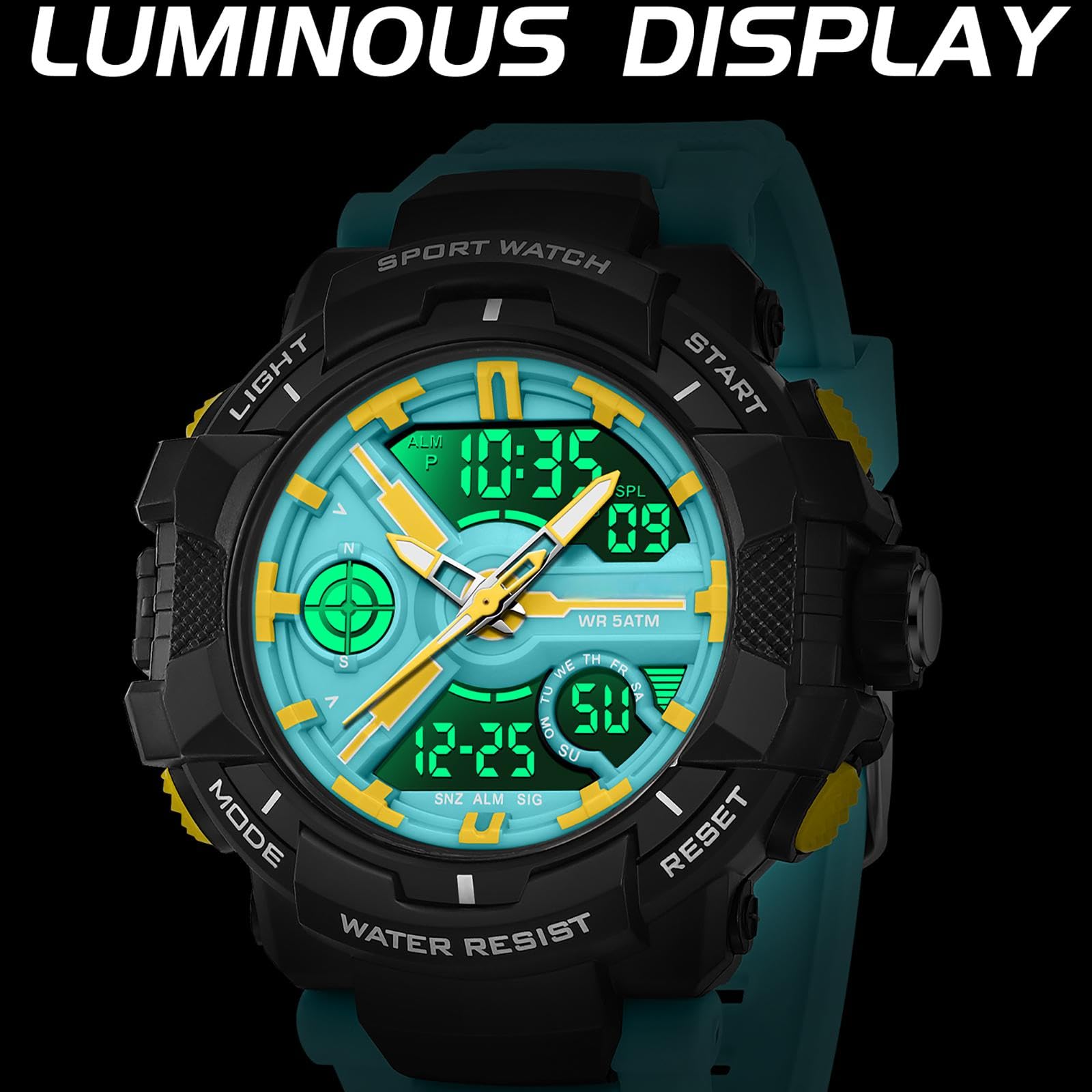 Relojes coloridos para hombre, para deportes al aire libre, resistente al agua, con alarma LED, fecha, doble dial y cronómetro
