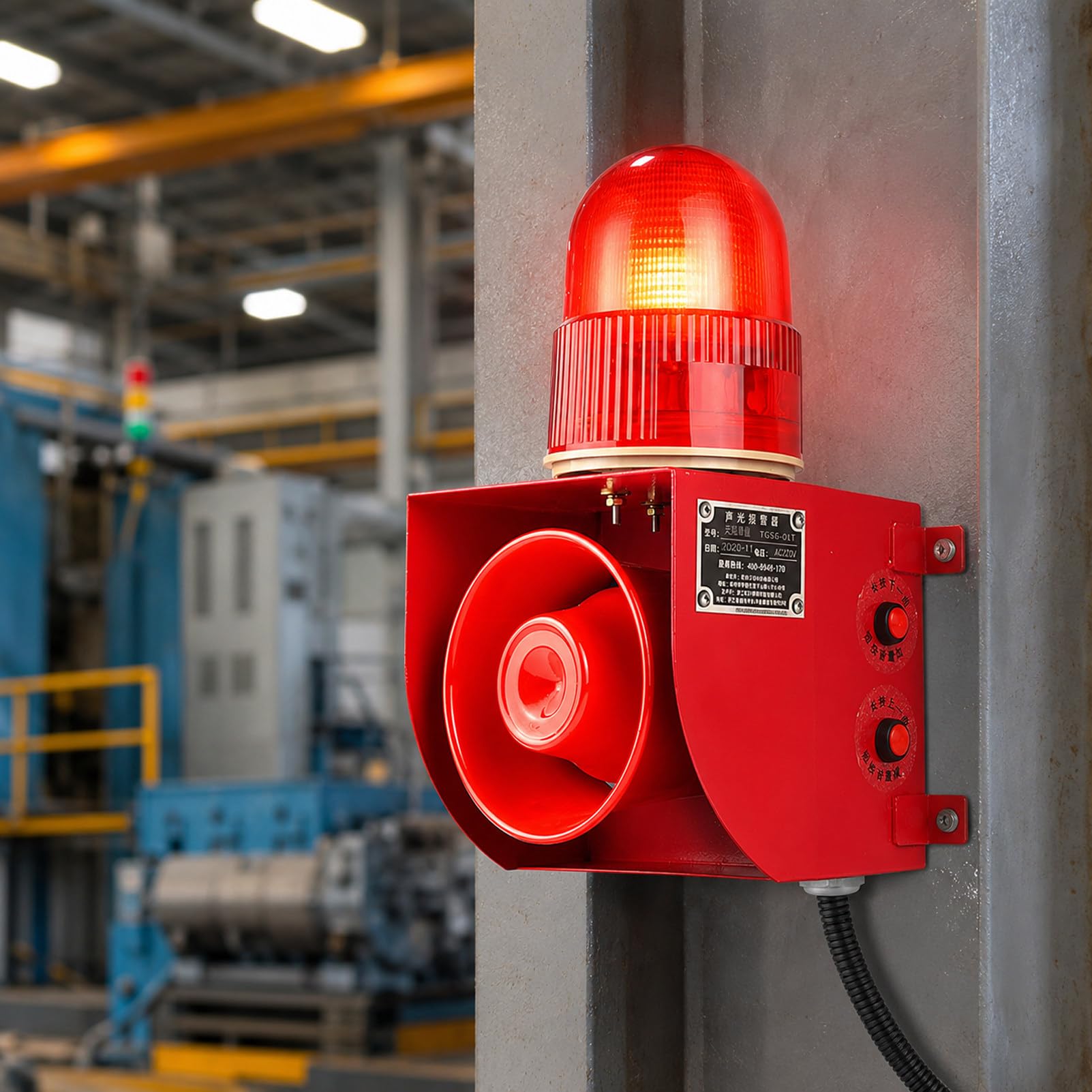Sirena Industrial activada por Movimiento 01W AC110V-01T | Un radar de microondas de alta sensibilidad detecta movimiento a través del polvo y el humo.