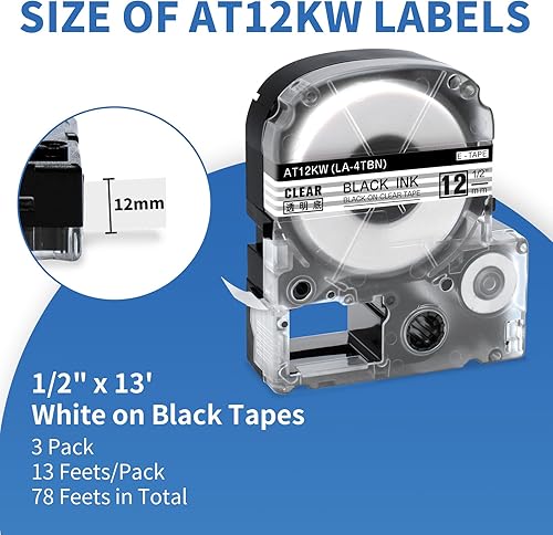 Miniatura 2 de Paquete de 3 cartuchos de cinta LK de repuesto para Epson LK-4TBN ST12KW LC-4TBN9 de 0.472 in LK negro sobre transparente de 12 pulgadas x 26.2 pies