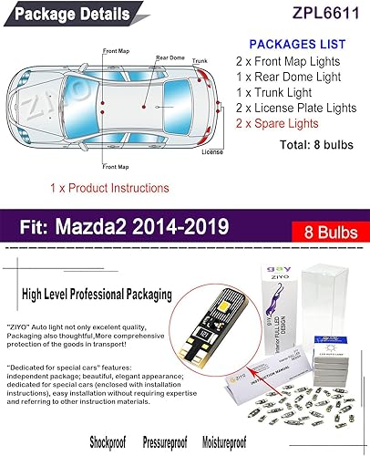 Miniatura 2 de ZPL6611 - (8 bombillas) Kit de luz LED interior + bombillas de matrícula de repuesto para Mazda2 2014-2019, luz de cúpula blanca de xenón