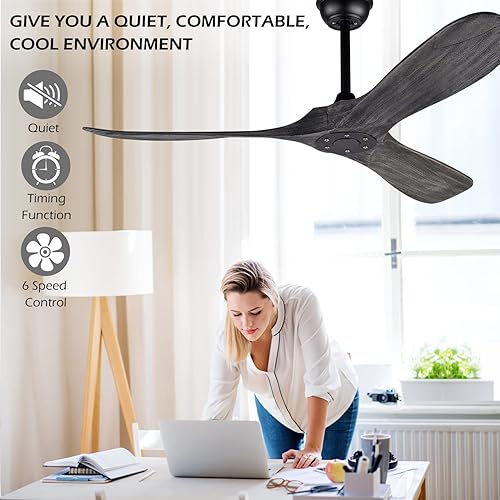 Miniatura 4 de Ventiladores de techo de madera maciza sin luz, ventilador de techo de madera real de 52 pulgadas con control remoto y 3 cuchillas, ventilador de