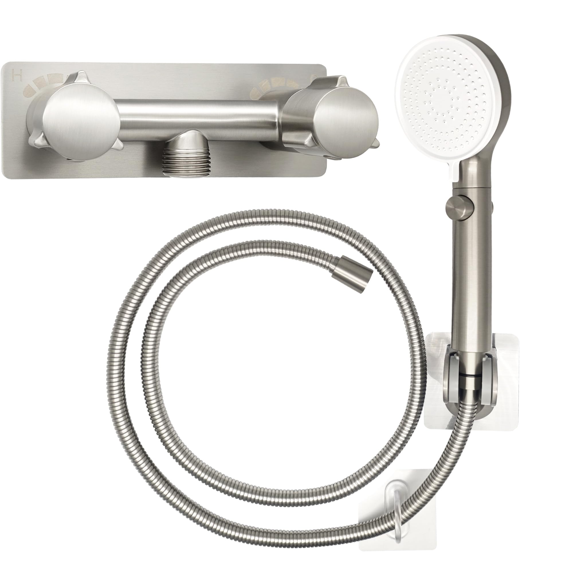 Robinet de douche entièrement en métal avec tuyau et pommeau de douche, pommeau de douche de camping-car, pommeau de douche marche/arrêt avec anneau de guidage de tuyau et support de douche pour