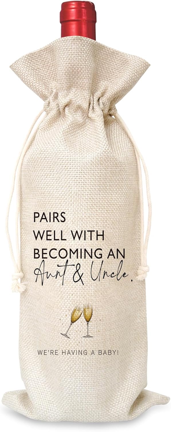 Becoming Aunt & Uncle Pregnancy Announcement Gift Set - Cotton Linen Drawstring Wine Bag, Perfect for Baby Announcement Parties