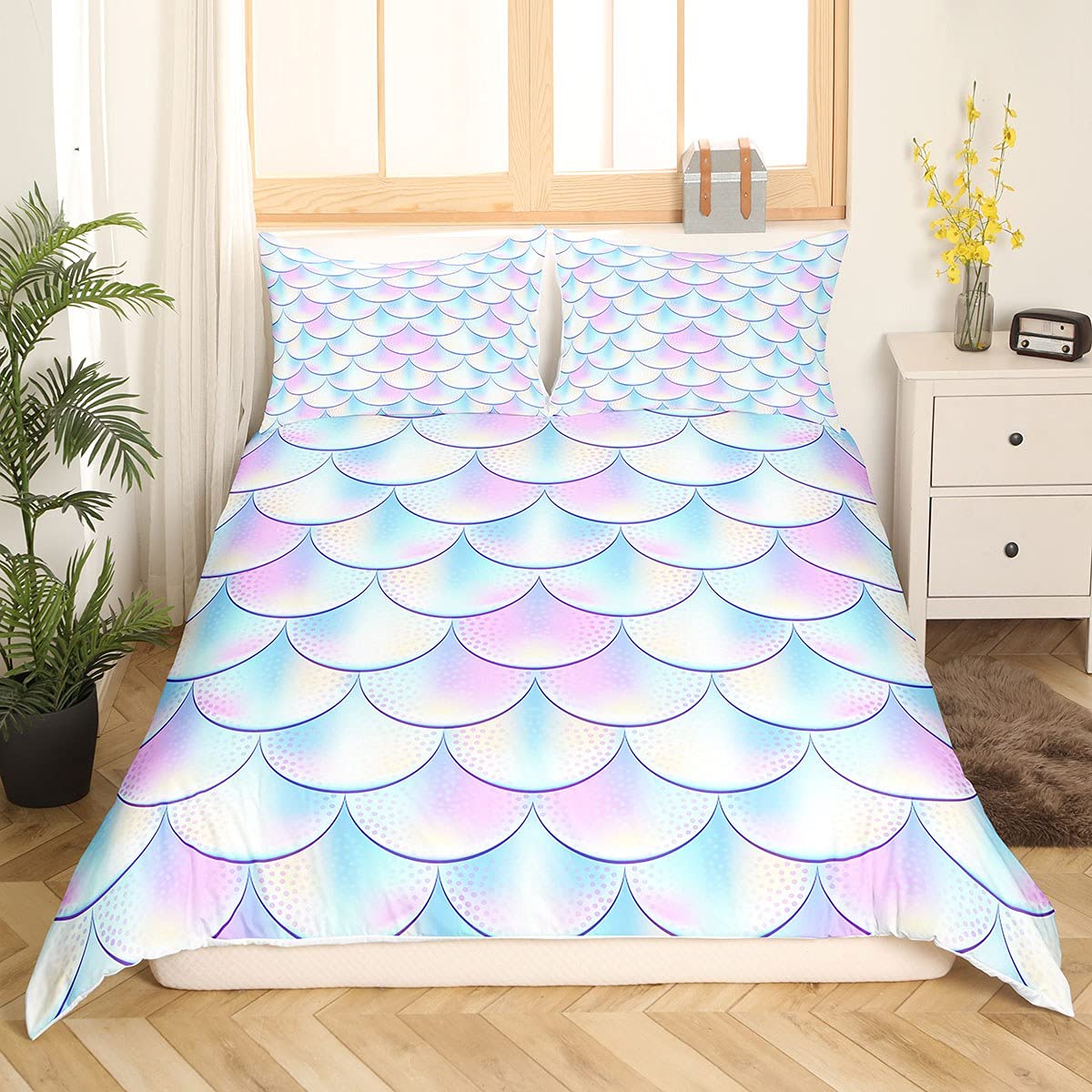 Juego de Funda de edredón con Escamas de pez de Sirena Coloridas Escalas de pez,Juego de Ropa de Cama,Funda de edredón 3D,Funda de edredón Morada Vibrante,Super King