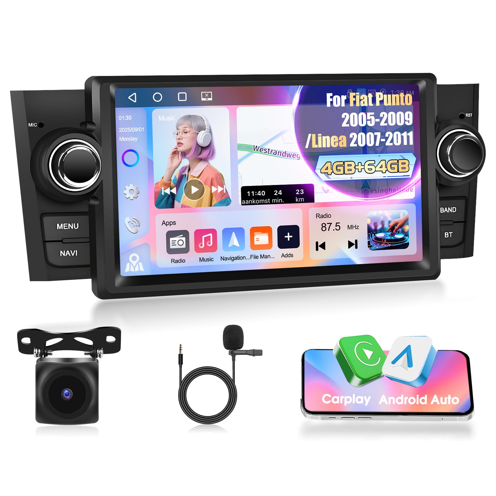 Autoradio Android 4G+64G per Fiat Punto 2005-2009, Linea 2007-2011, Radio Stereo Motorsi Quad-core Android 15 IOS Carplay Autoradio Singolo DIN 32EQ GPS Bluetooth 5.0 WiFi UI Radio FM/RDS+Telecamera