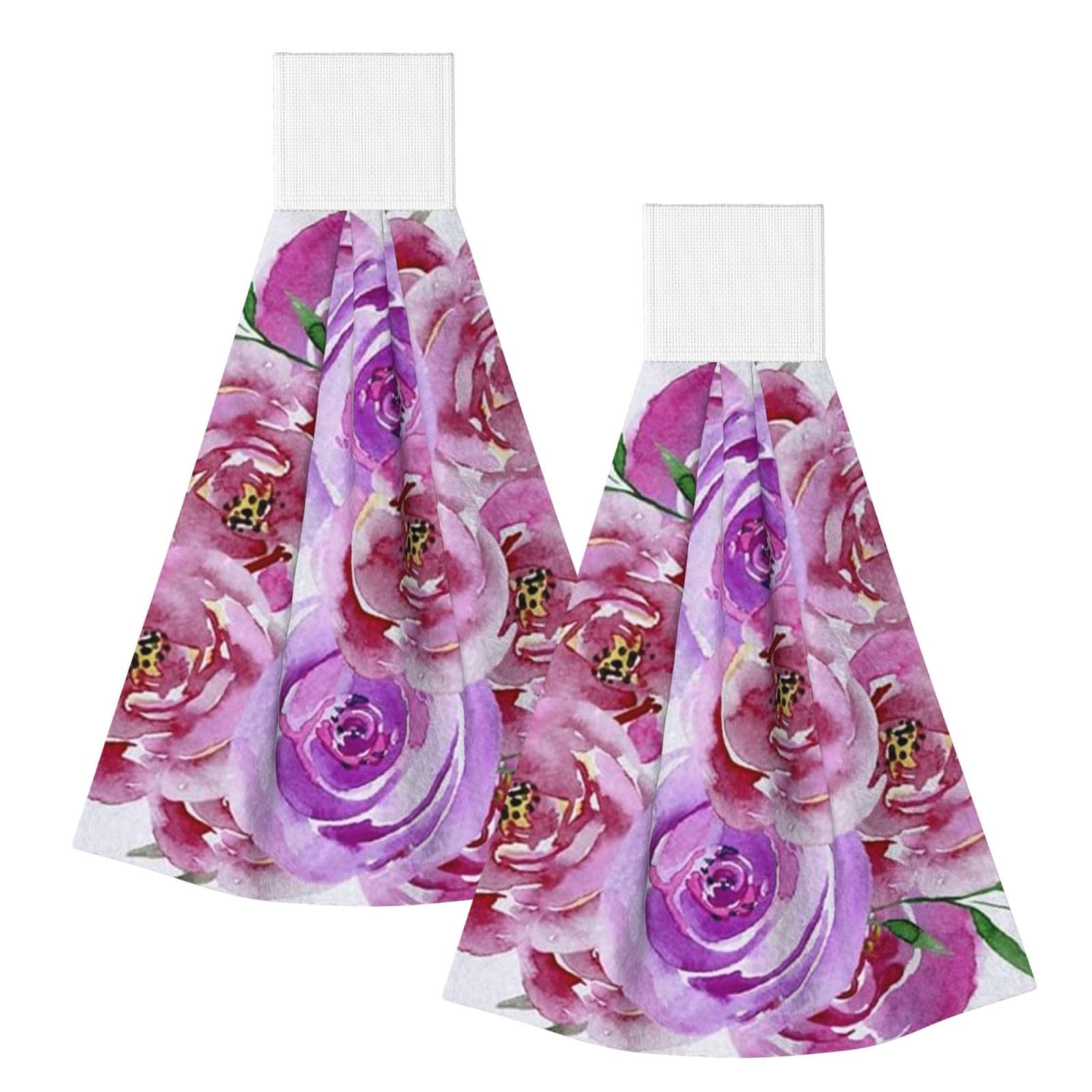 DOPKLNA Lilac Violet And Purple Watercolor Peony Roses, 2 Pcs Hanging Coral Fiber Hand Towels for Bathroom, Absorbent Kitchen Towels