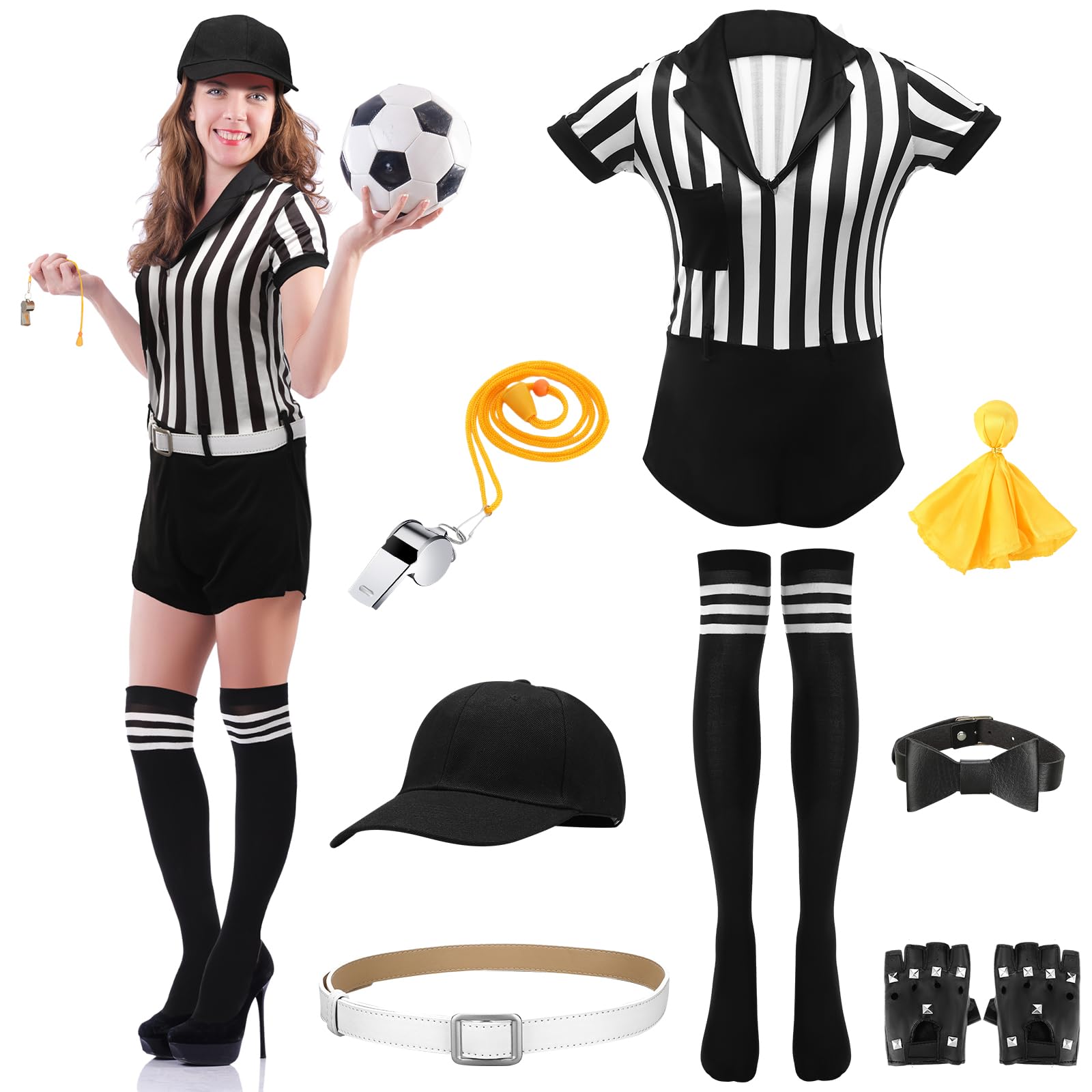 Tigeen 8 Pcs Women Referee Costume Set Halloween Referee Jersey Bodysuit Jumpsuits with Belt Hat Gloves Choker Whistle Socks Flag Women's Referee Jersey for Halloween Cosplay Party