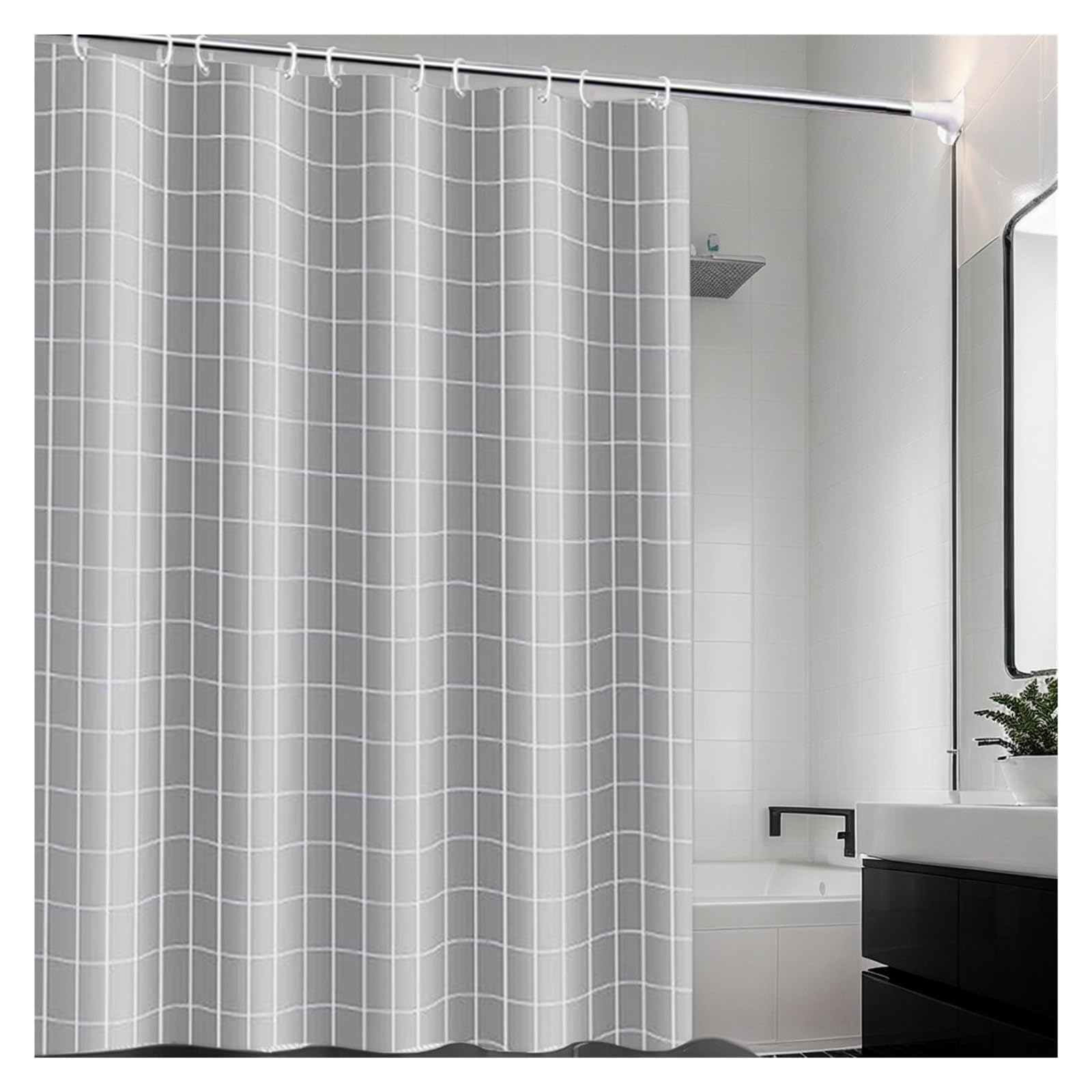 PIGENEQW Shower Liner Cloth Waterproof Gray Check Shower Curtain Bathroom Dry and Wet Separation Waterproof(180x200cm)